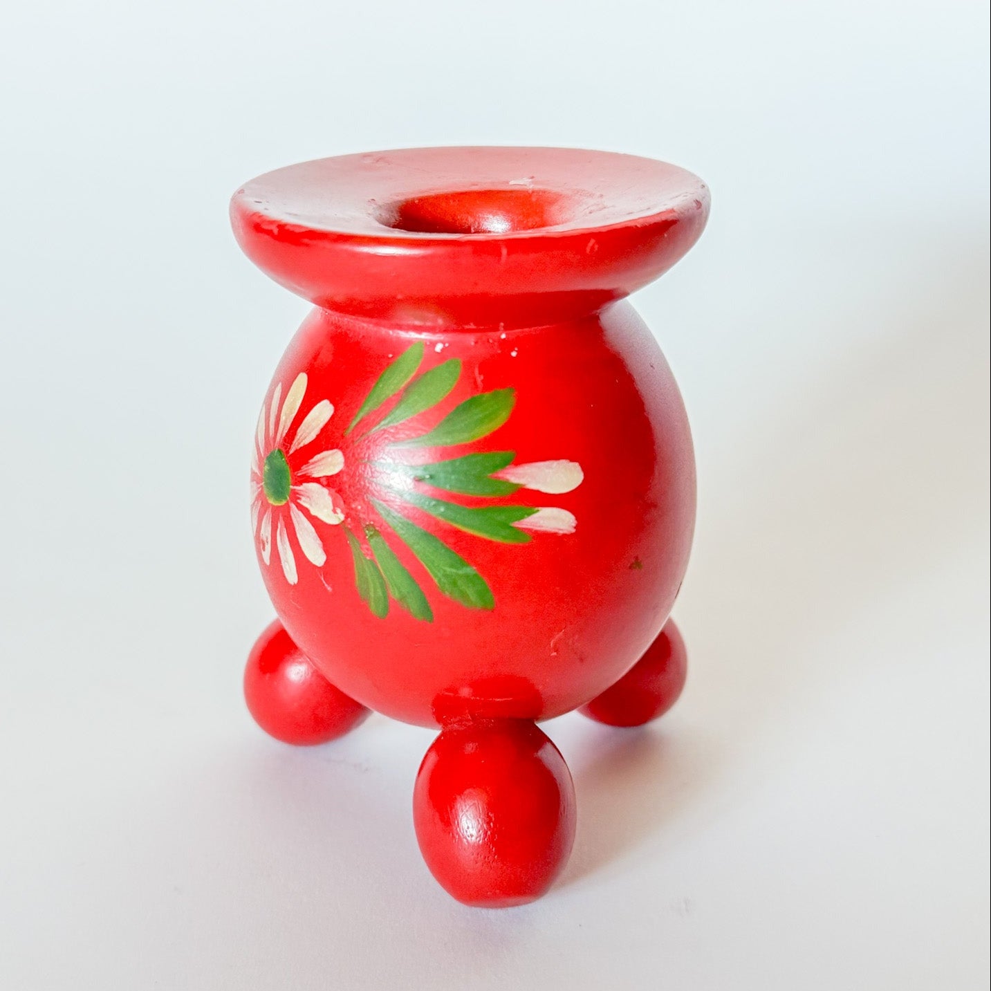 Vintage Swedish Folk Art Wooden Red Candlestick Holder