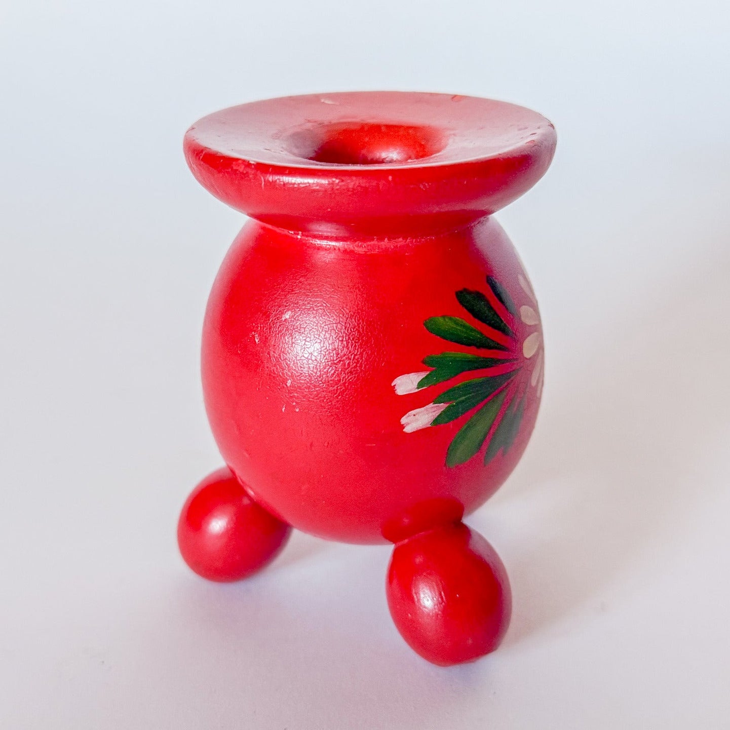 Vintage Swedish Folk Art Wooden Red Candlestick Holder