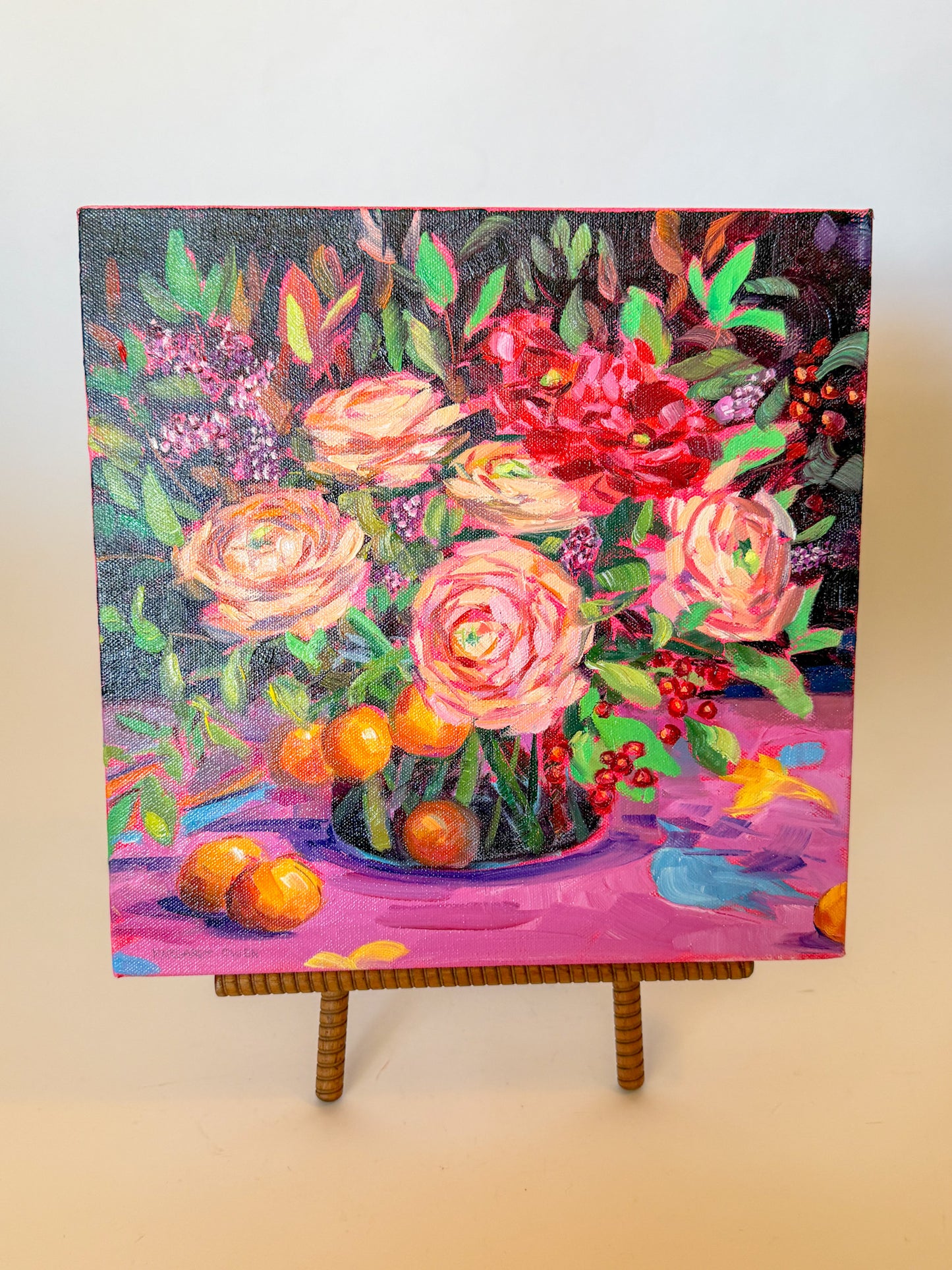 Vibrant Oil Painting, Bouquet of Ranunculus and Oranges, Margaret Owen (20th Century)