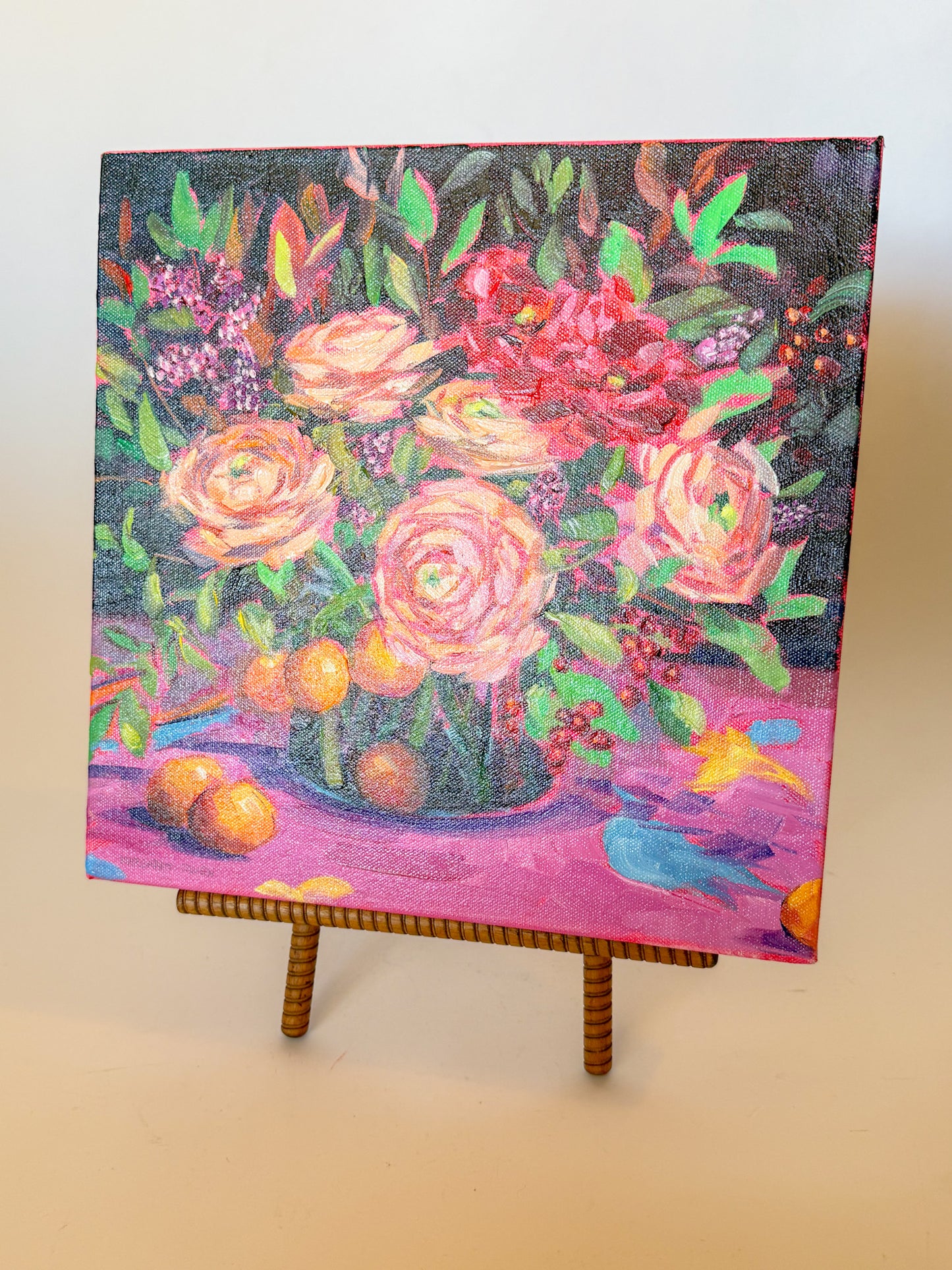Vibrant Oil Painting, Bouquet of Ranunculus and Oranges, Margaret Owen (20th Century)