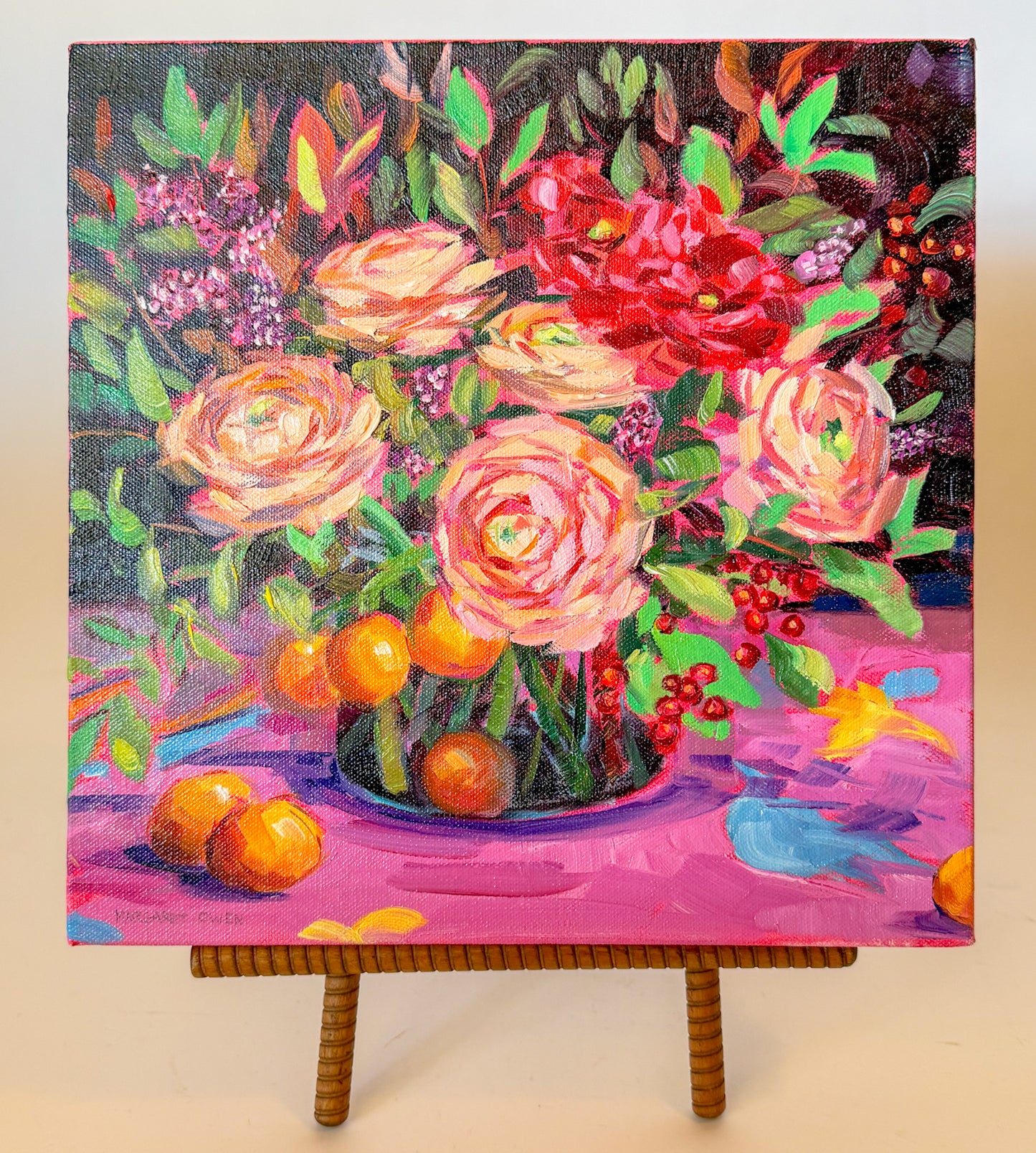 Vibrant Oil Painting, Bouquet of Ranunculus and Oranges, Margaret Owen (20th Century)