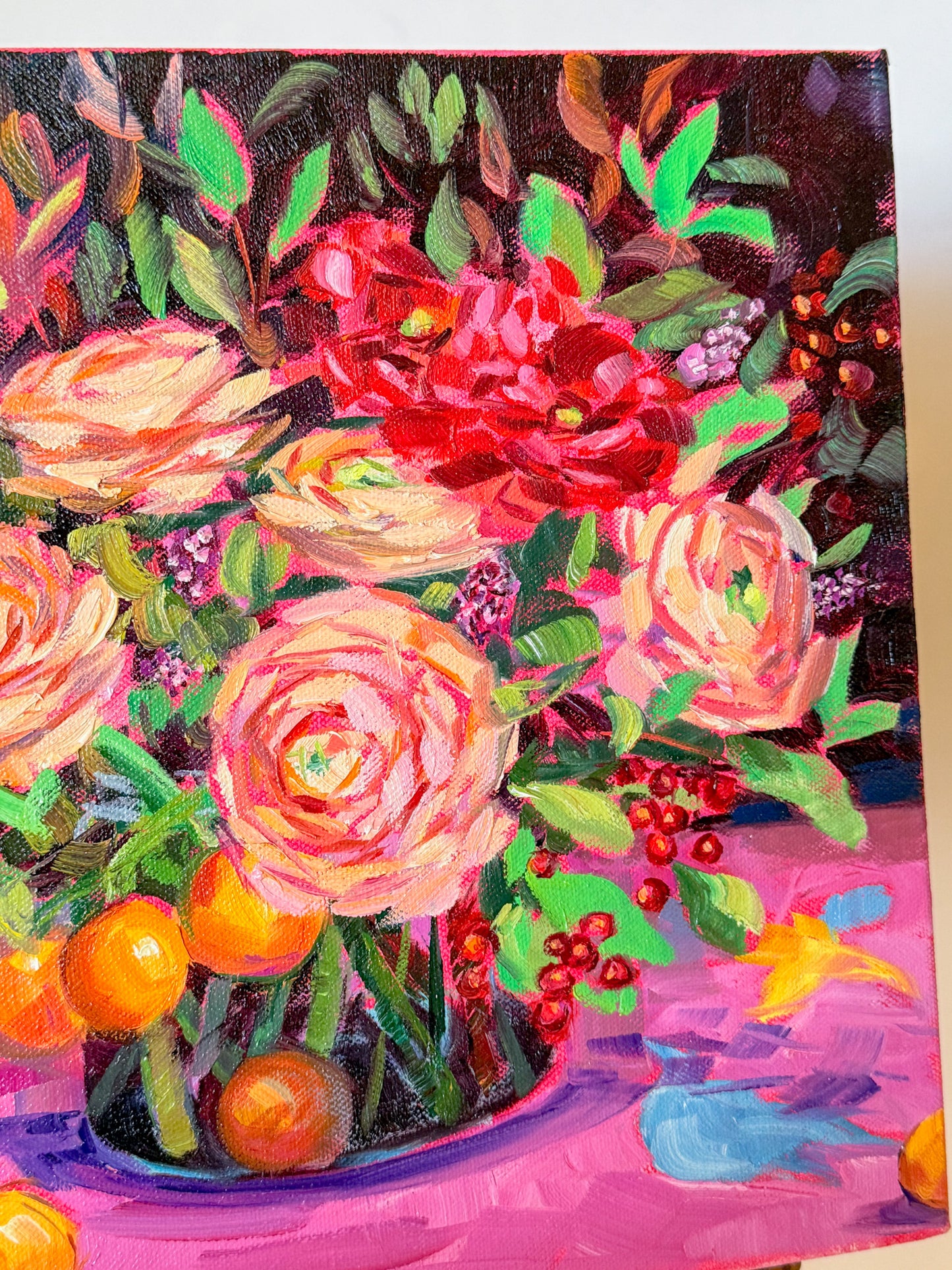 Vibrant Oil Painting, Bouquet of Ranunculus and Oranges, Margaret Owen (20th Century)
