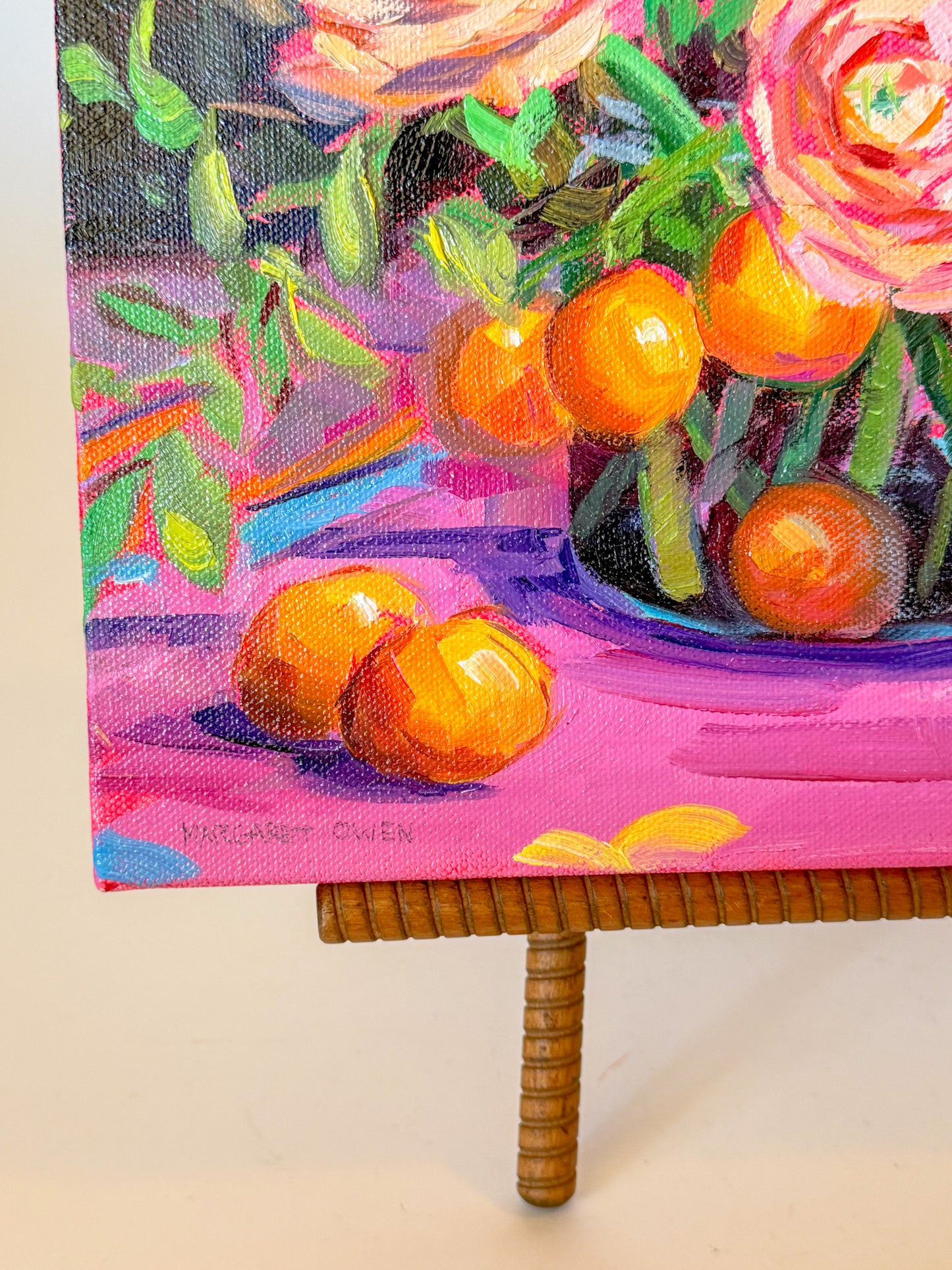 Vibrant Oil Painting, Bouquet of Ranunculus and Oranges, Margaret Owen (20th Century)