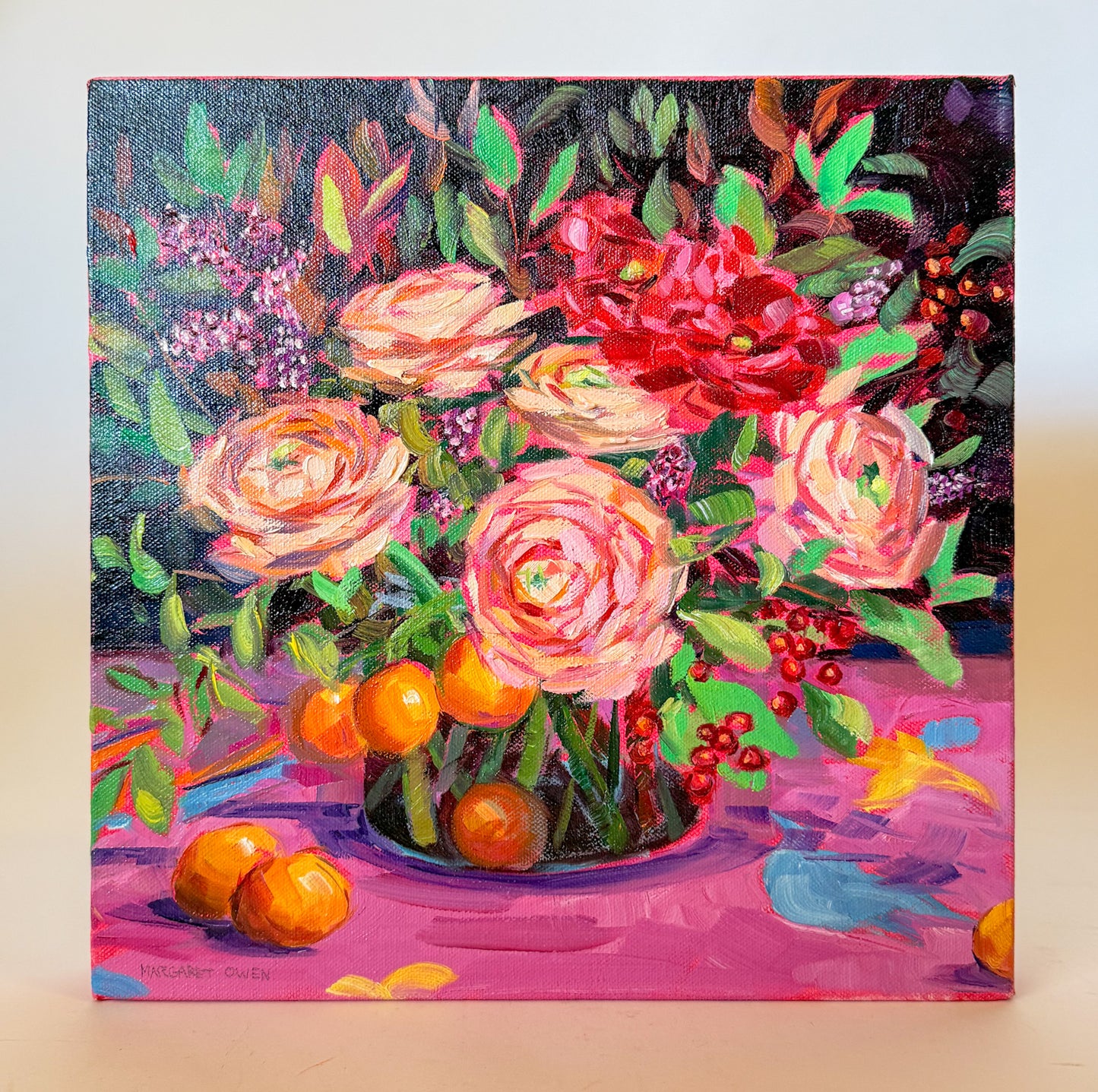 Vibrant Oil Painting, Bouquet of Ranunculus and Oranges, Margaret Owen (20th Century)