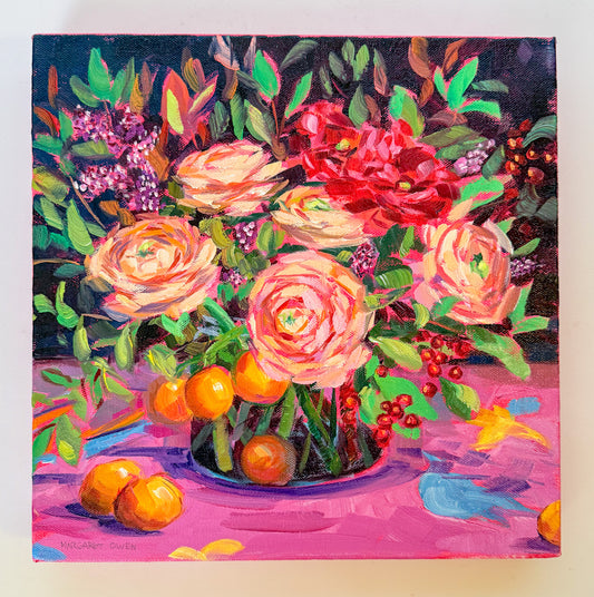 Vibrant Oil Painting, Bouquet of Ranunculus and Oranges, Margaret Owen (20th Century)