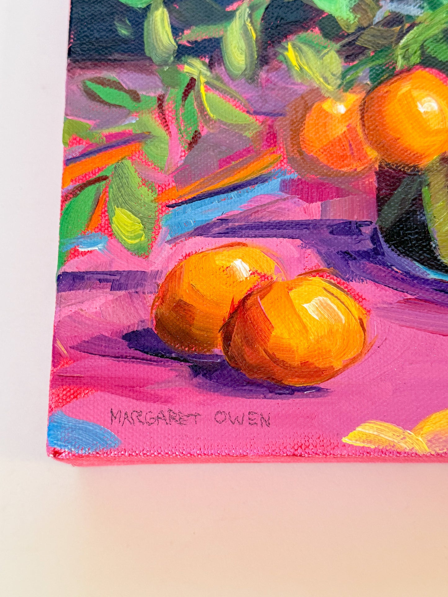 Vibrant Oil Painting, Bouquet of Ranunculus and Oranges, Margaret Owen (20th Century)