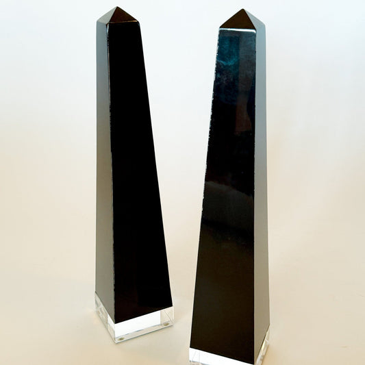 Mid Century Modern Black Lucite Obelisks, a Pair