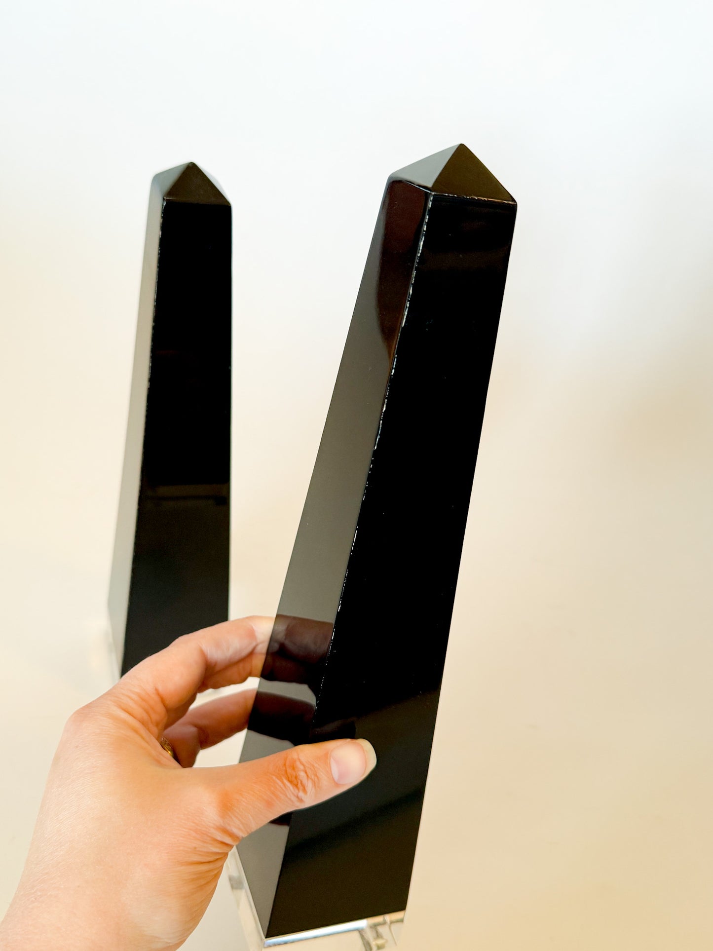 Mid Century Modern Black Lucite Obelisks, a Pair
