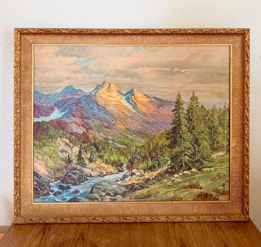 Vintage Original Oil Painting of Majestic Mountain Scene in Gilt Frame, Signed