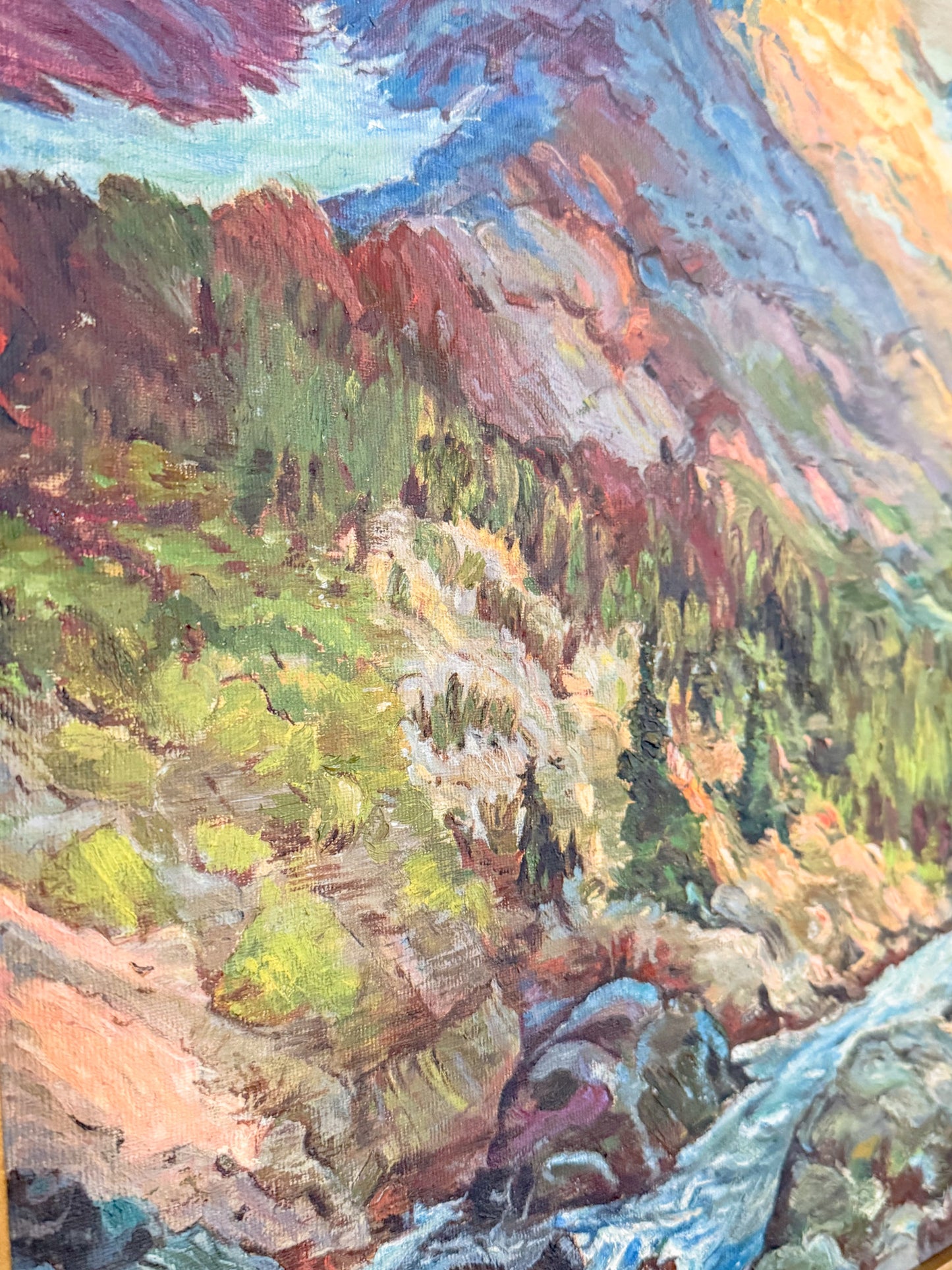 Vintage Original Oil Painting of Majestic Mountain Scene in Gilt Frame, Signed