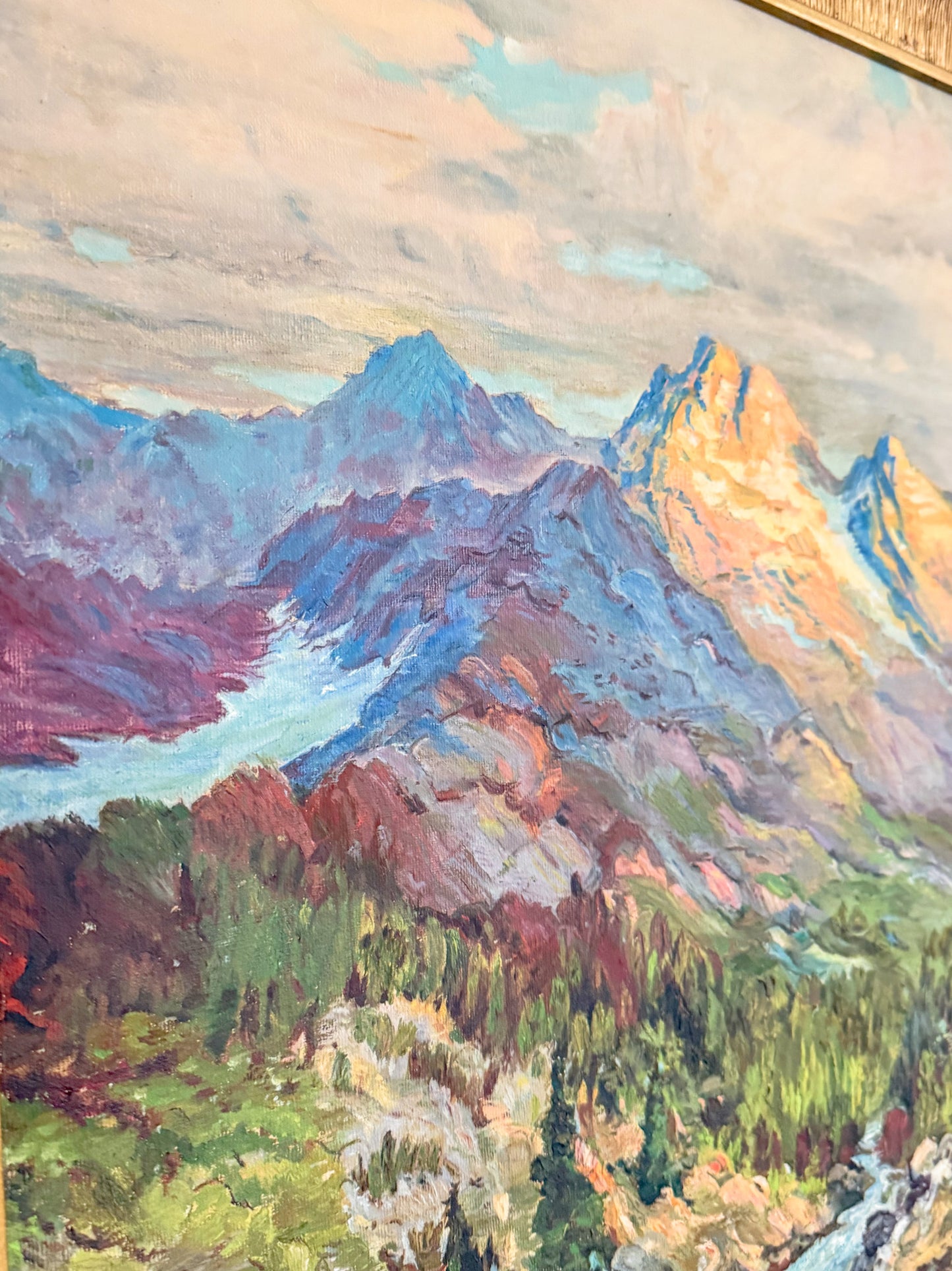 Vintage Original Oil Painting of Majestic Mountain Scene in Gilt Frame, Signed