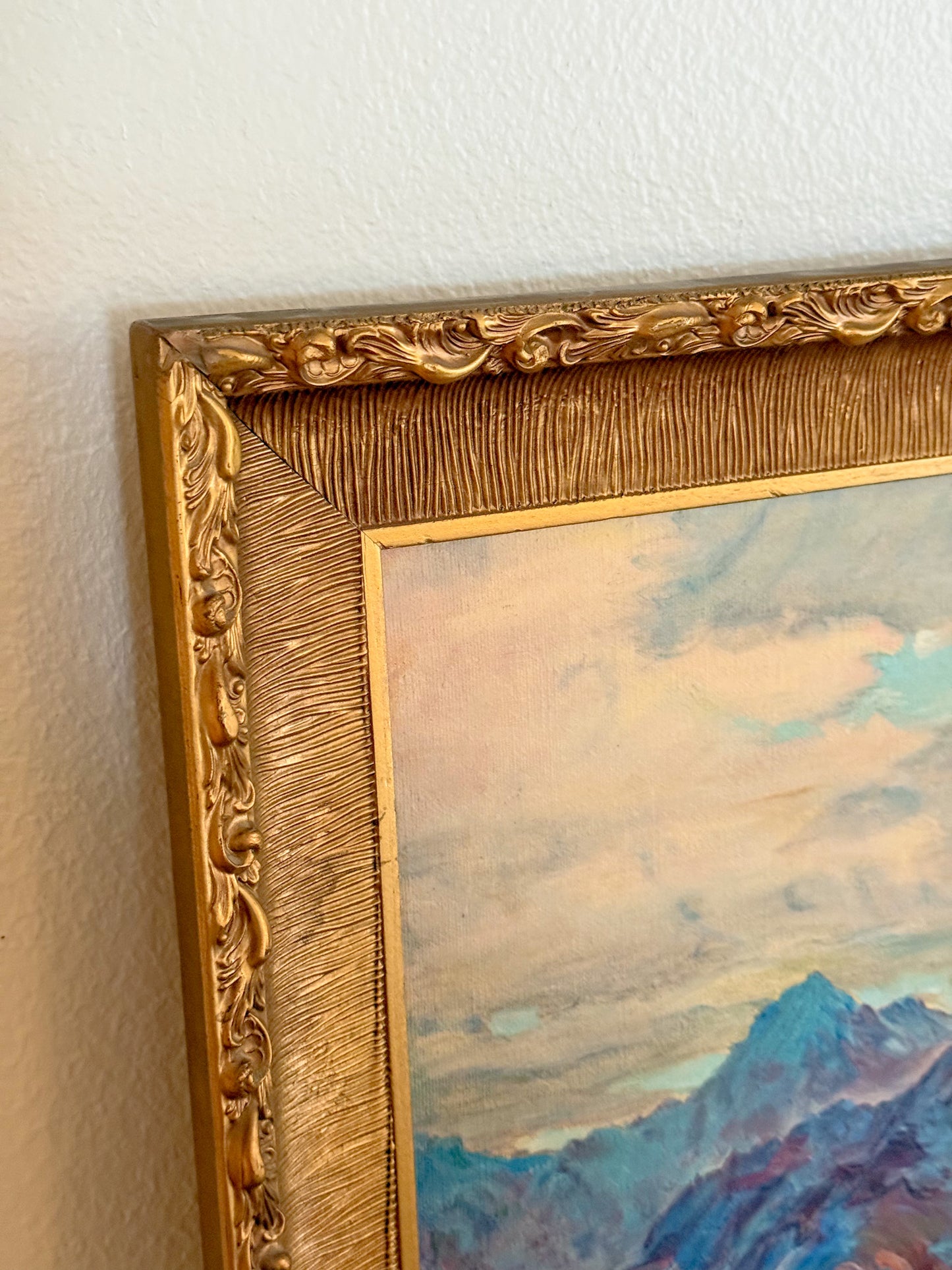 Vintage Original Oil Painting of Majestic Mountain Scene in Gilt Frame, Signed