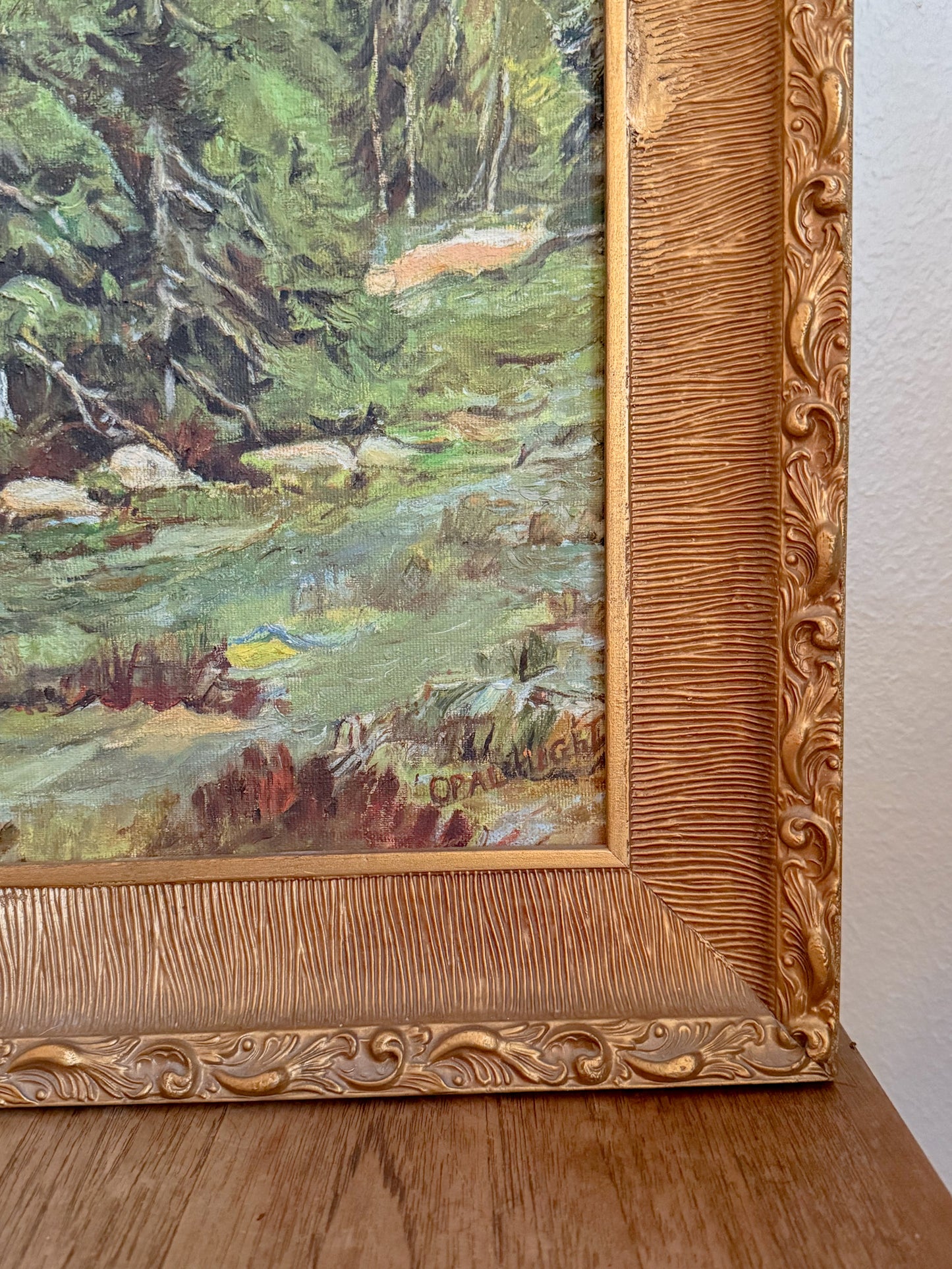 Vintage Original Oil Painting of Majestic Mountain Scene in Gilt Frame, Signed