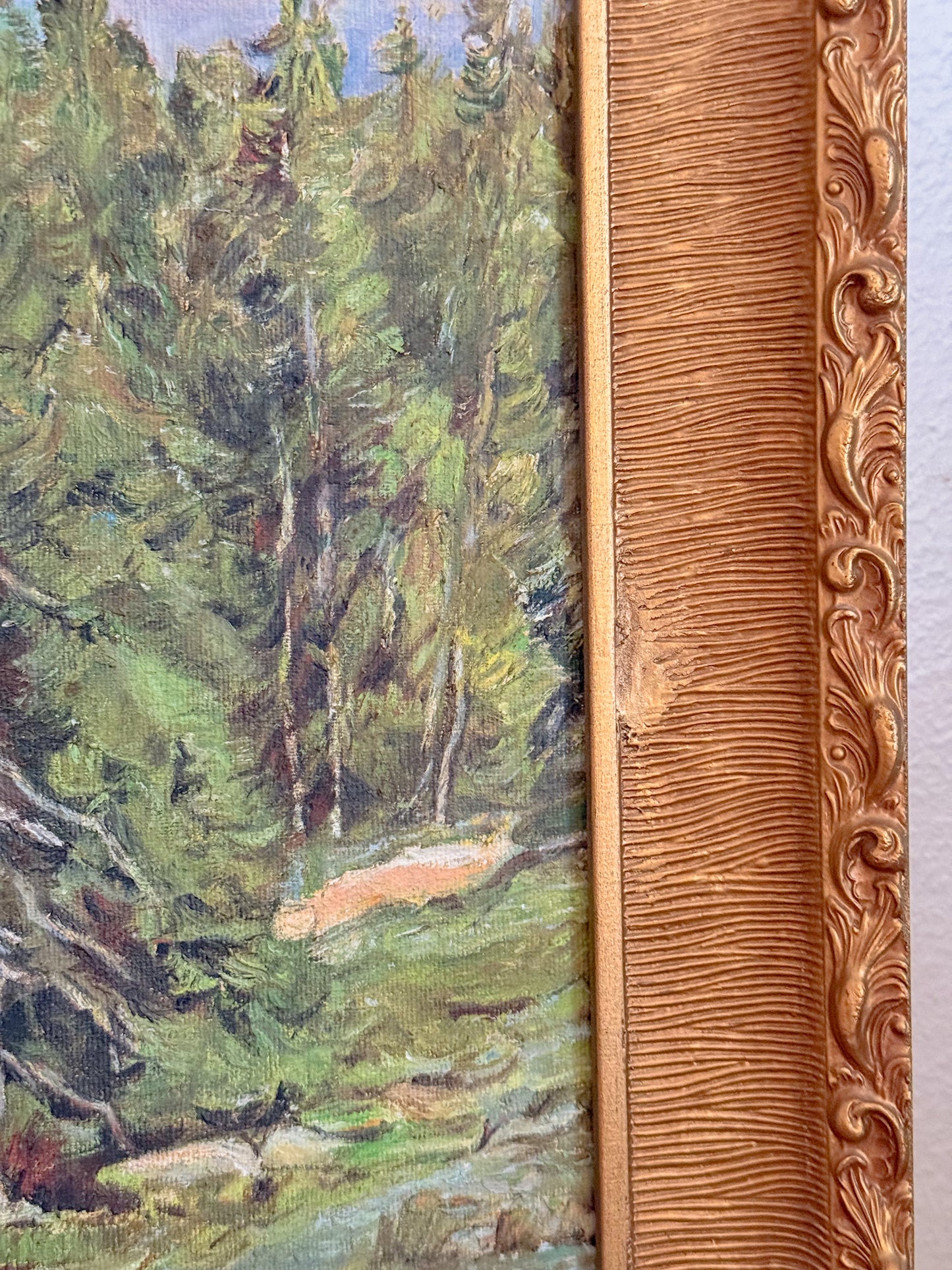 Vintage Original Oil Painting of Majestic Mountain Scene in Gilt Frame, Signed