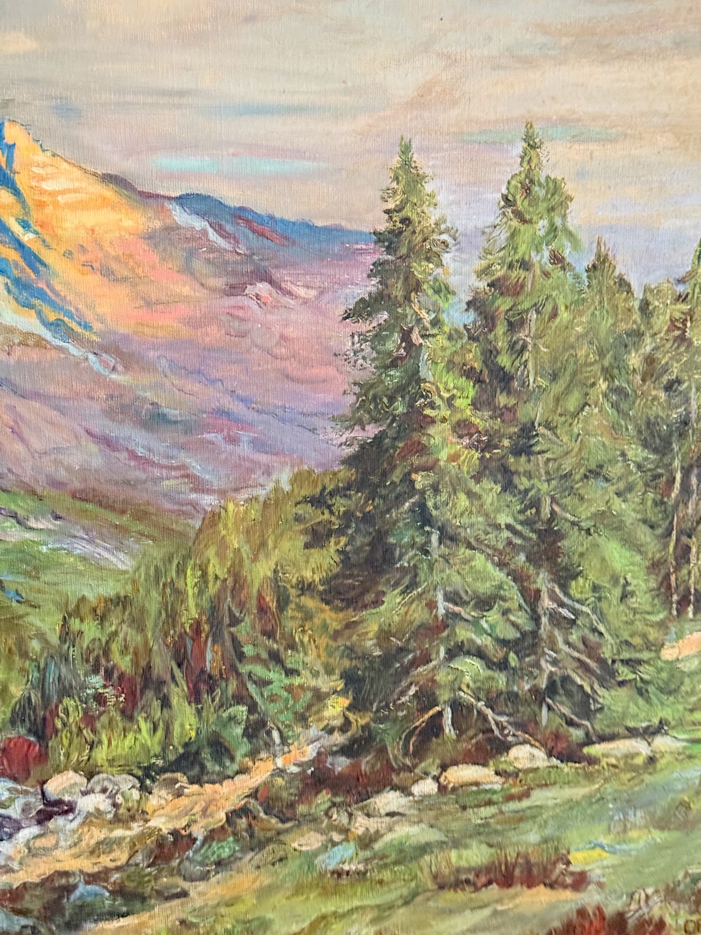 Vintage Original Oil Painting of Majestic Mountain Scene in Gilt Frame, Signed