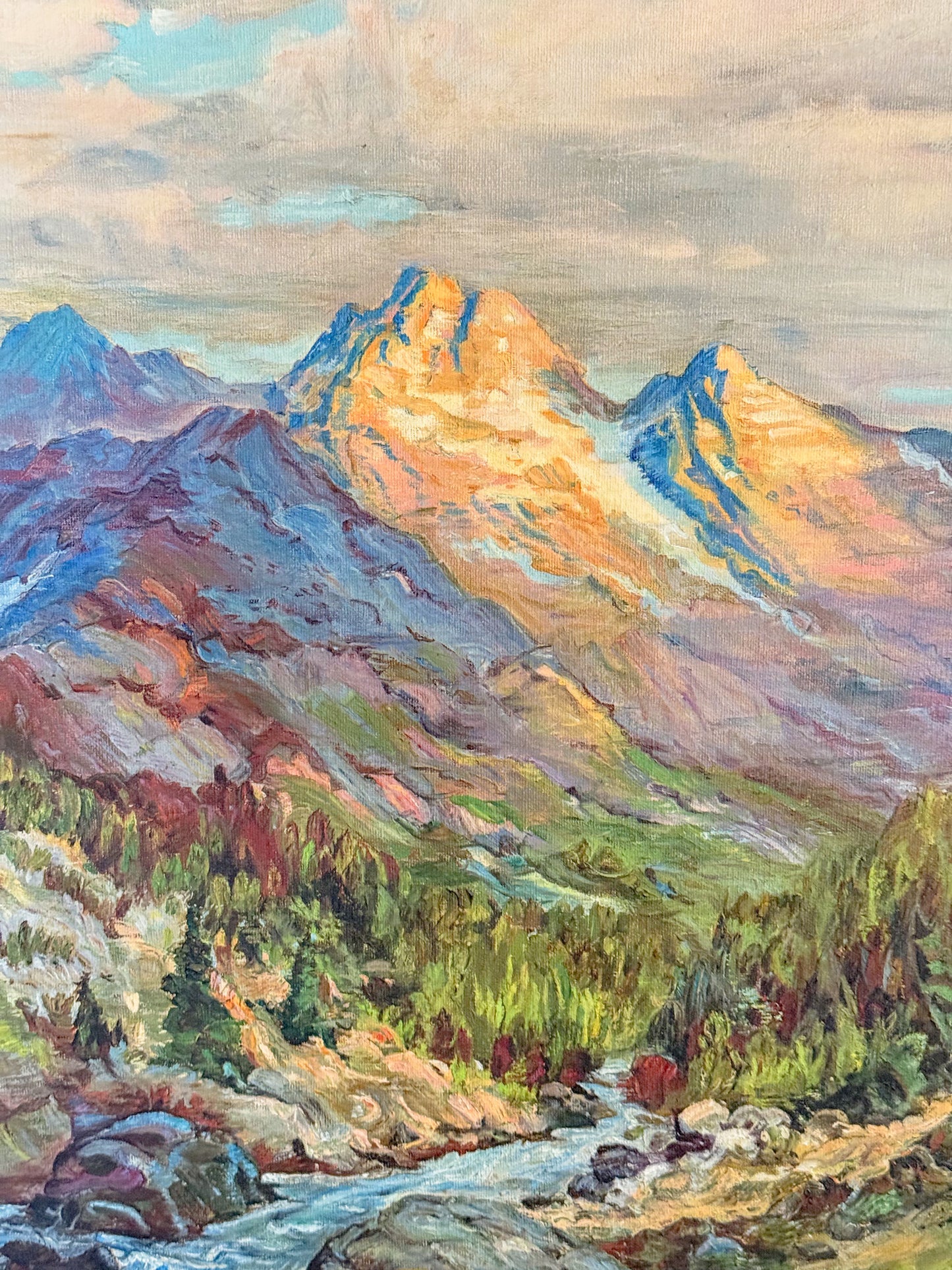 Vintage Original Oil Painting of Majestic Mountain Scene in Gilt Frame, Signed