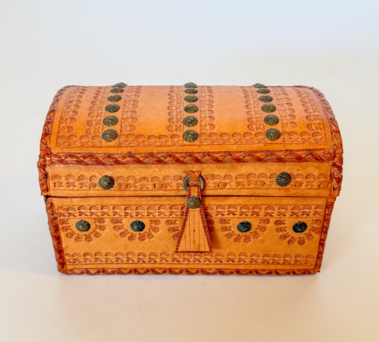 Vintage Embossed and Studded Leather Domed Box