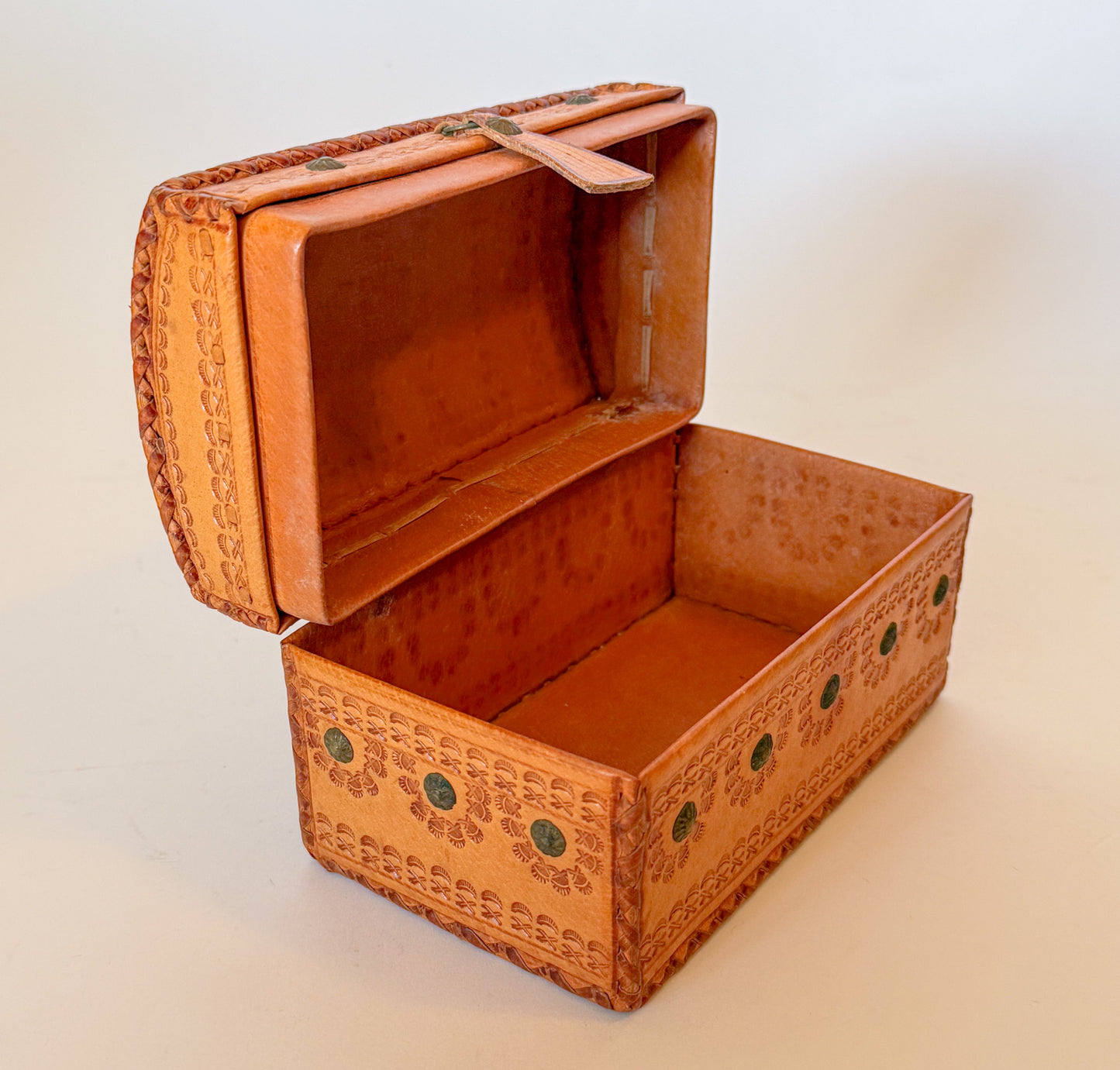 Vintage Embossed and Studded Leather Domed Box