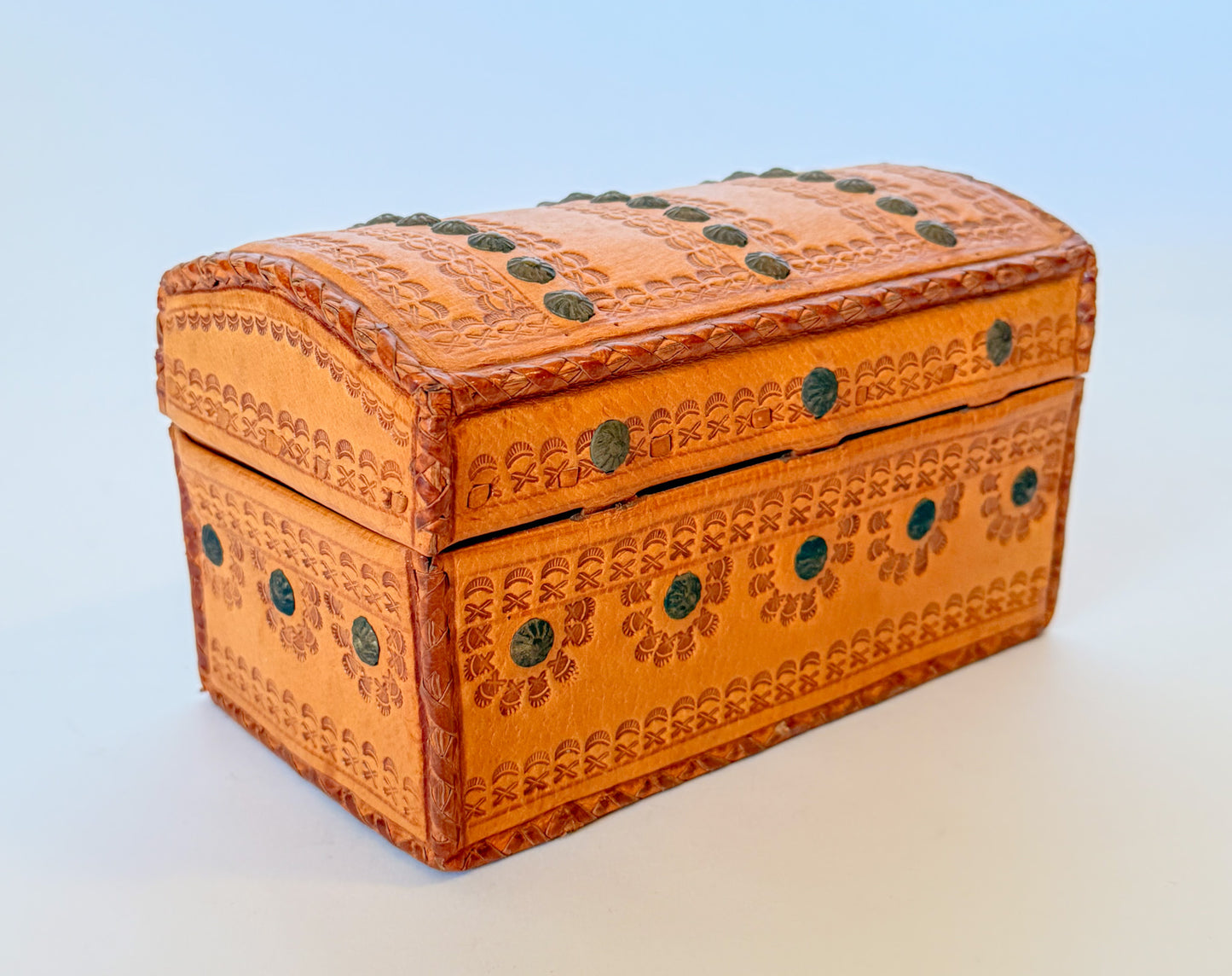 Vintage Embossed and Studded Leather Domed Box