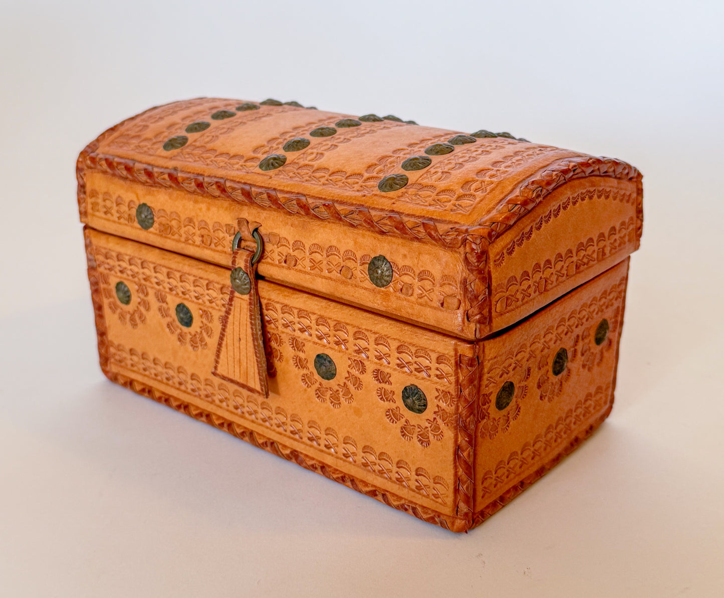 Vintage Embossed and Studded Leather Domed Box