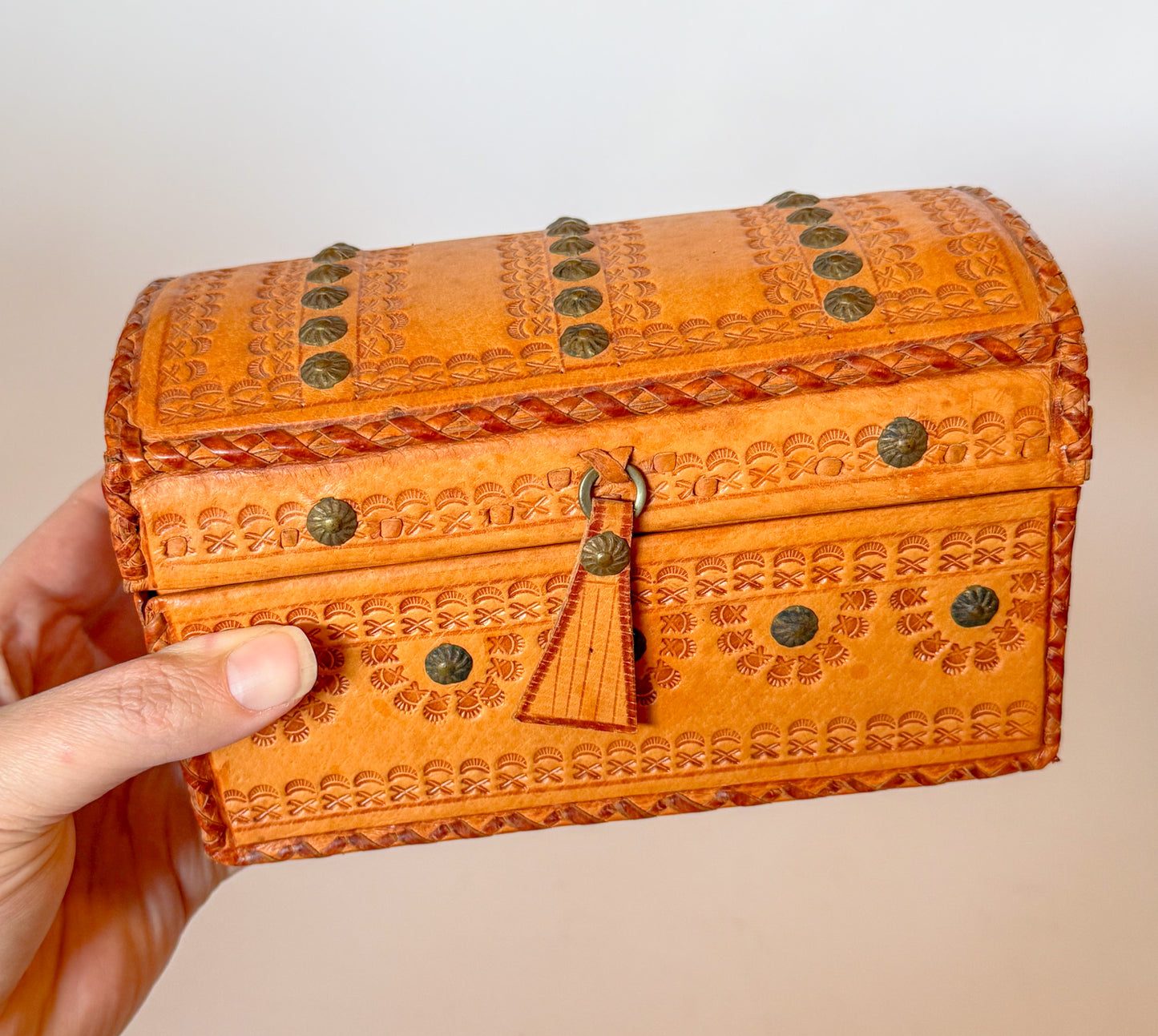 Vintage Embossed and Studded Leather Domed Box