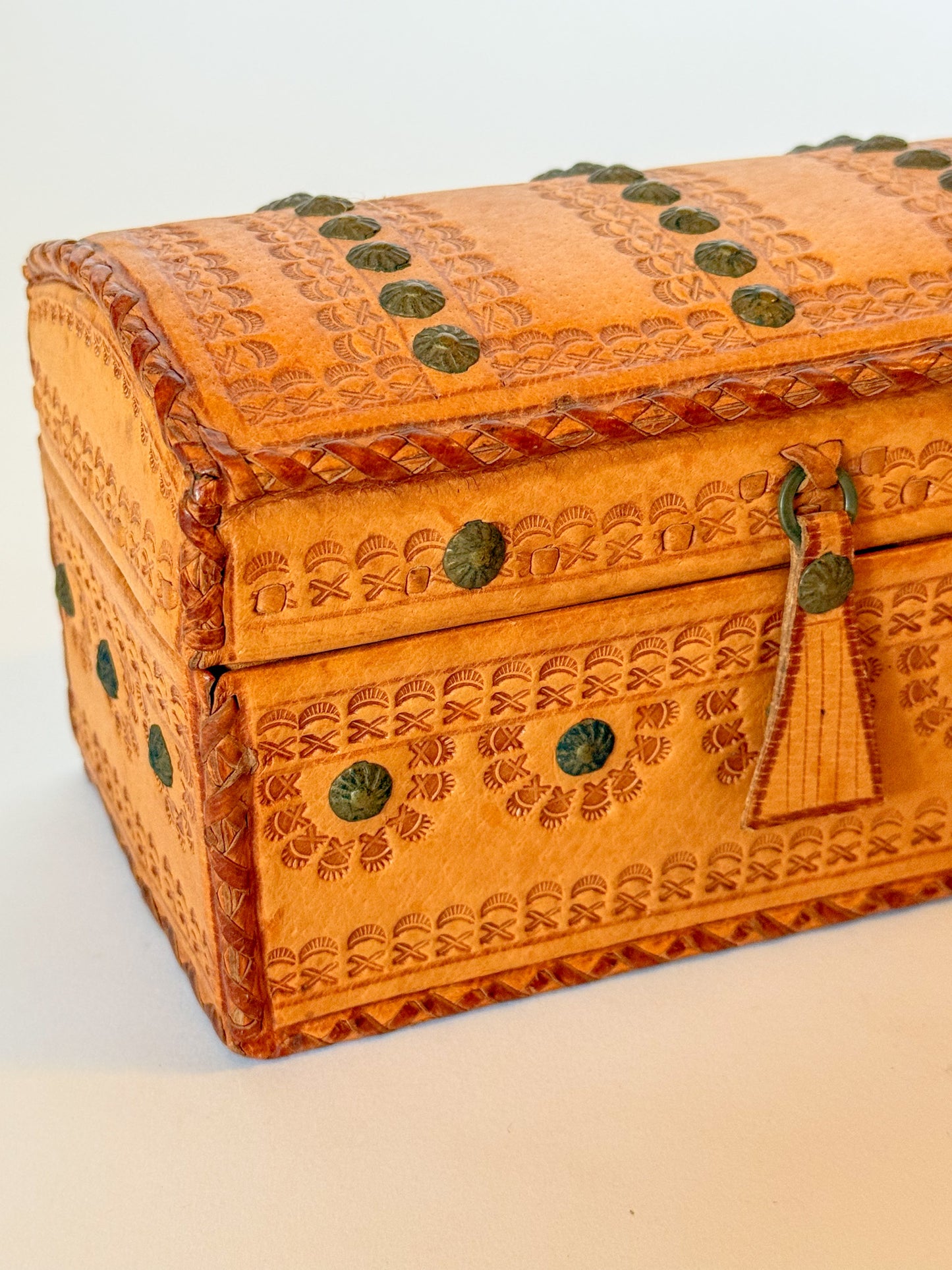 Vintage Embossed and Studded Leather Domed Box