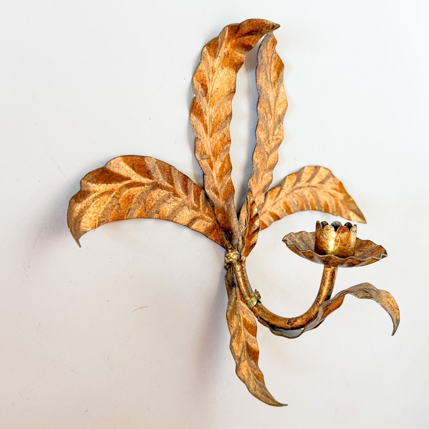 1960s Italian Hollywood Regency Gilt Metal Tole Palm Candle Wall Sconce
