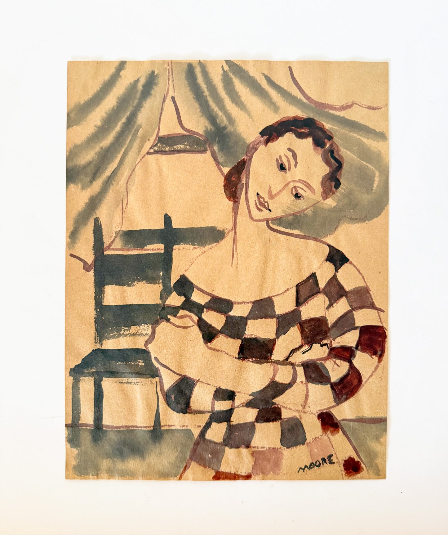 Portrait of a Woman in Checkered Dress, Original Watercolor Sketch Signed Moore