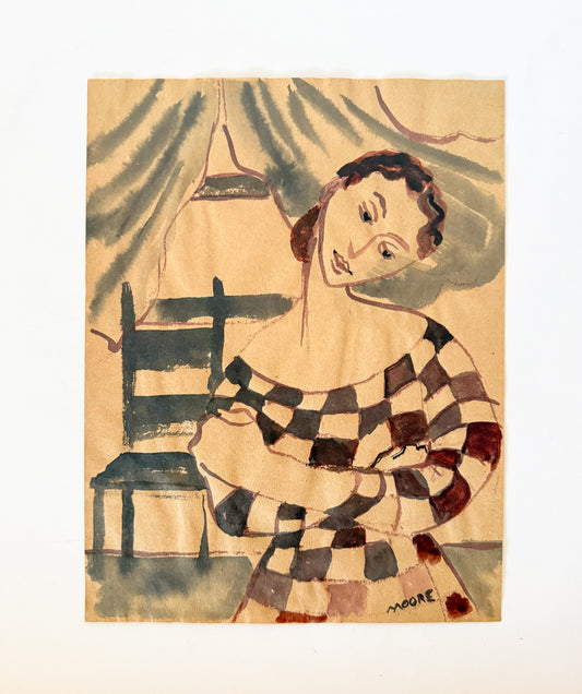 Portrait of a Woman in Checkered Dress, Original Watercolor Sketch Signed Moore