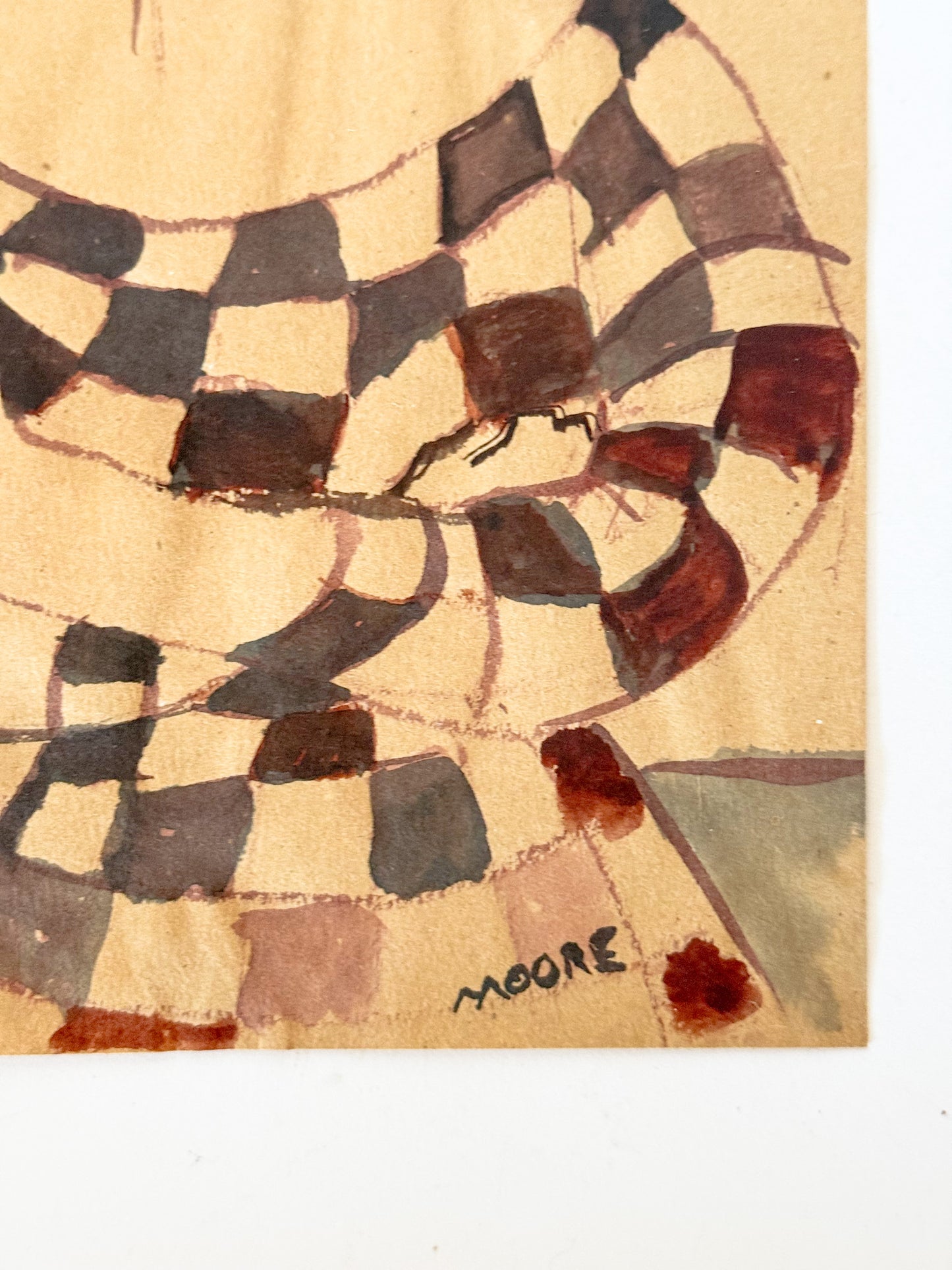 Portrait of a Woman in Checkered Dress, Original Watercolor Sketch Signed Moore