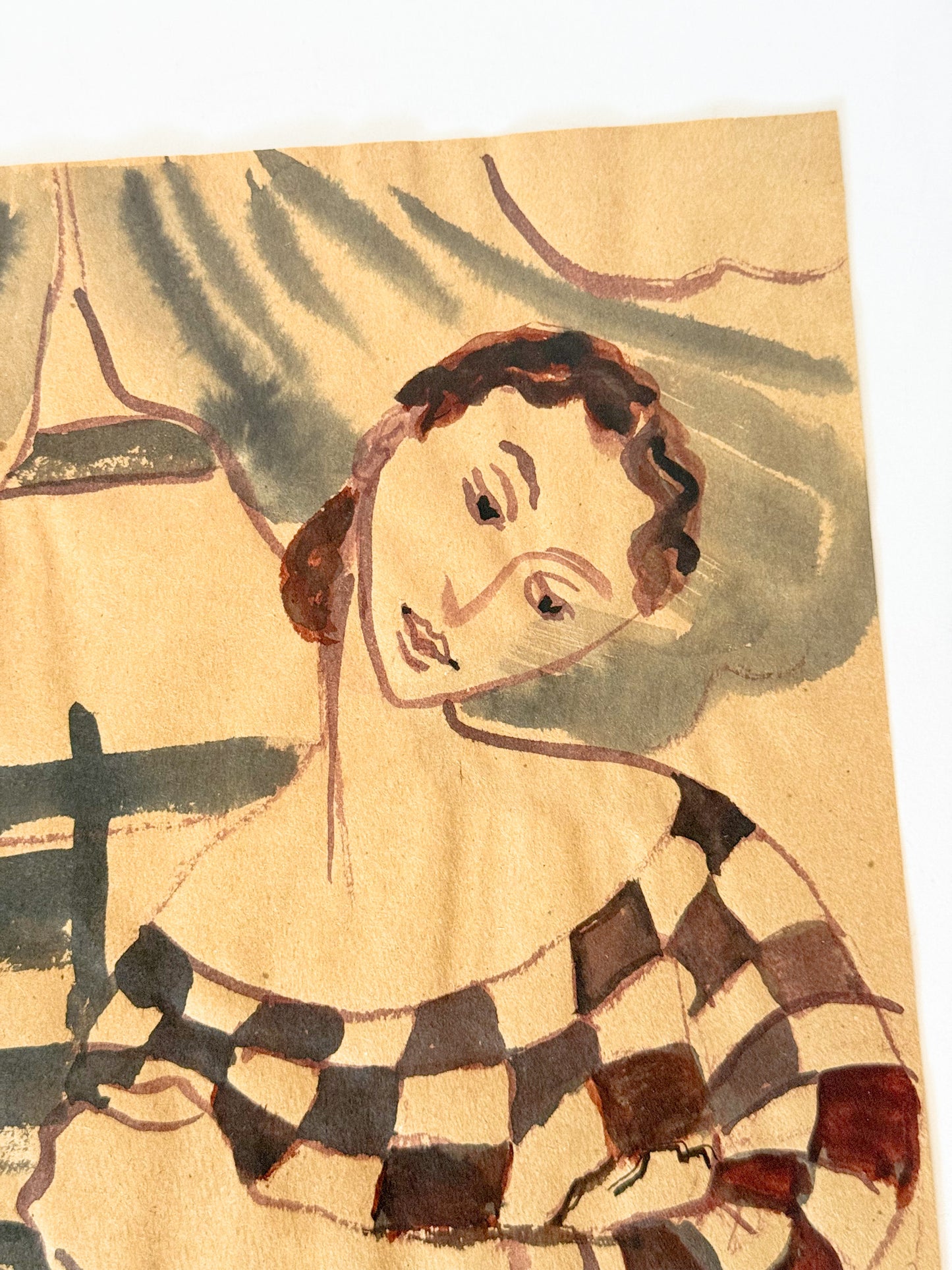 Portrait of a Woman in Checkered Dress, Original Watercolor Sketch Signed Moore