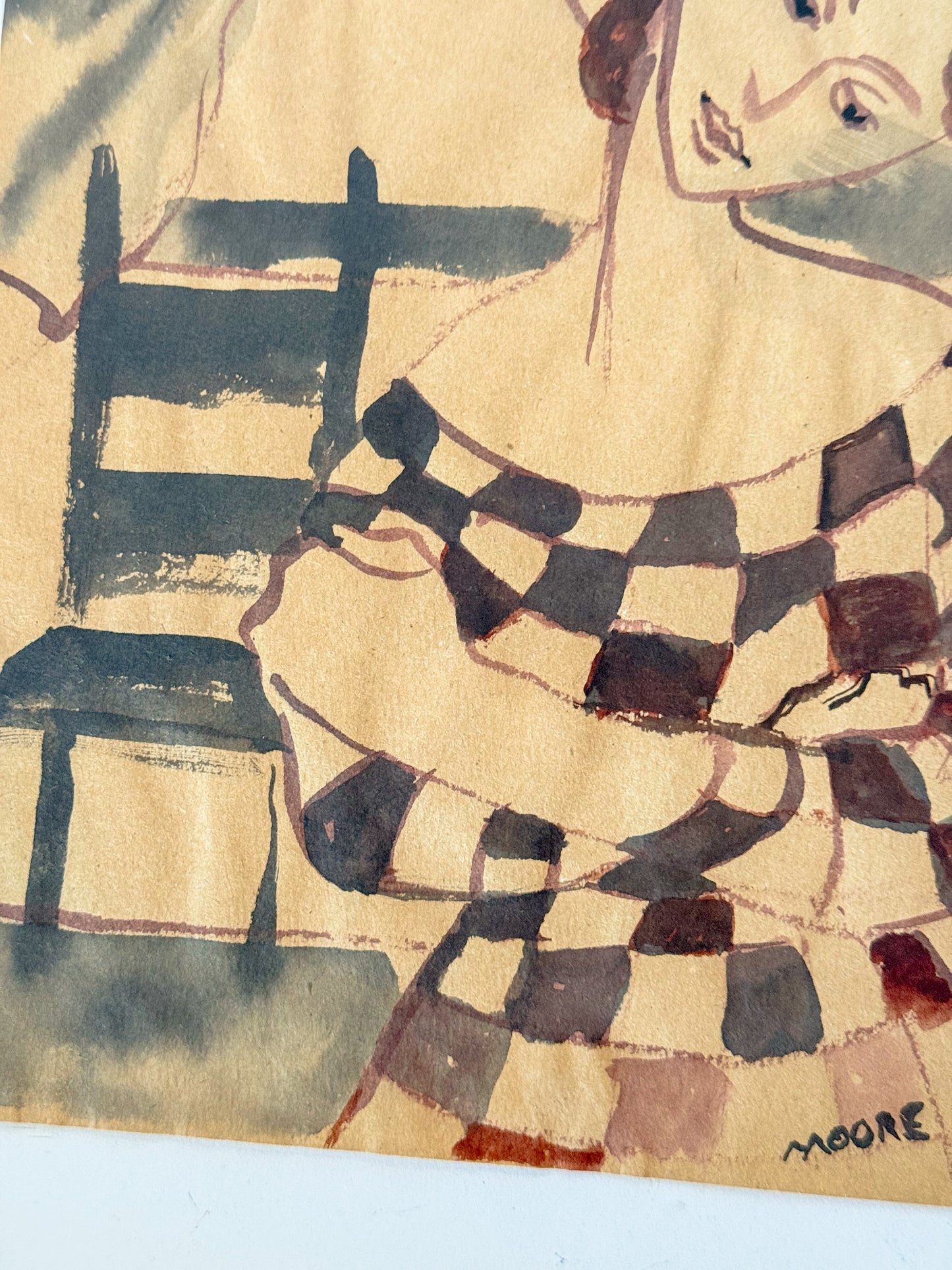 Portrait of a Woman in Checkered Dress, Original Watercolor Sketch Signed Moore