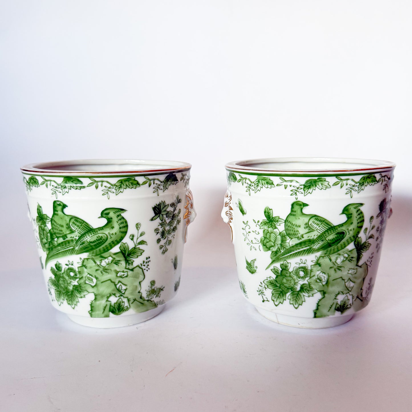 Mid Century Pair of Porcelain Green Bird Cache Pot Planters With Lions Heads