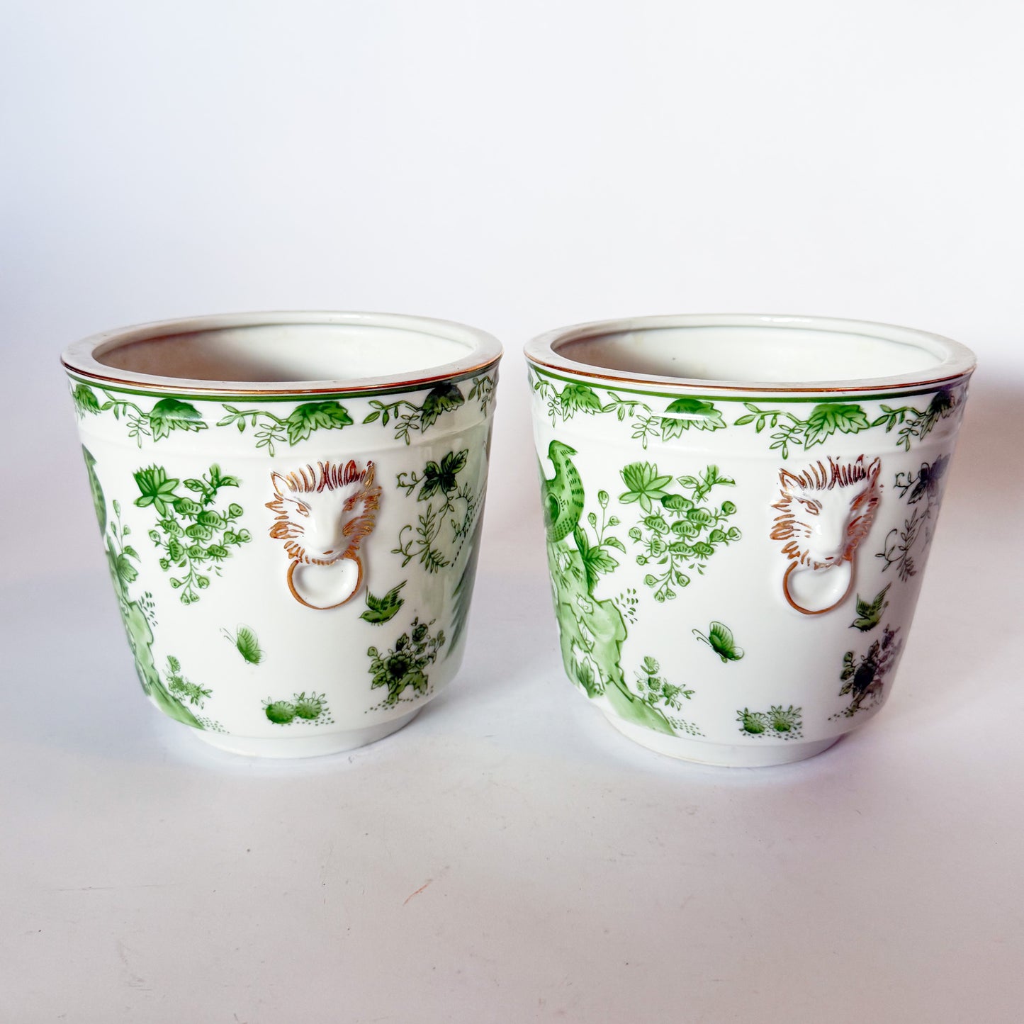 Mid Century Pair of Porcelain Green Bird Cache Pot Planters With Lions Heads