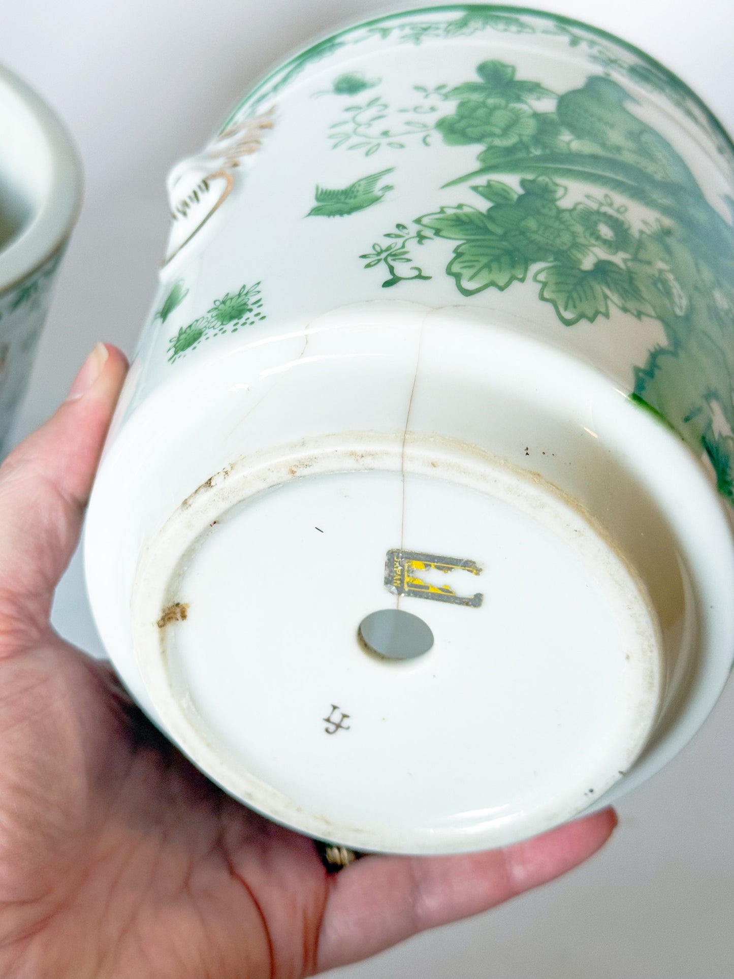 Mid Century Pair of Porcelain Green Bird Cache Pot Planters With Lions Heads