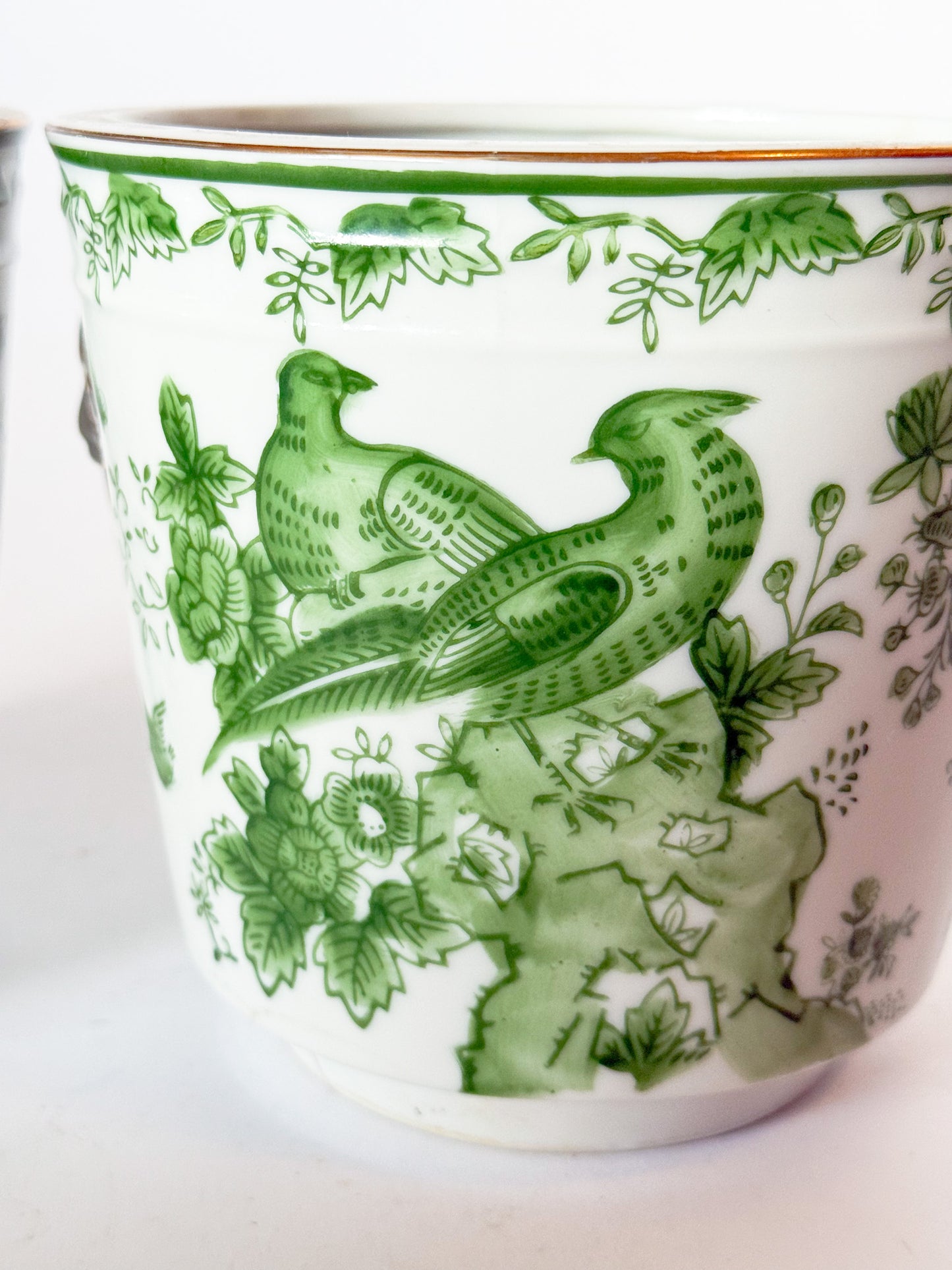 Mid Century Pair of Porcelain Green Bird Cache Pot Planters With Lions Heads