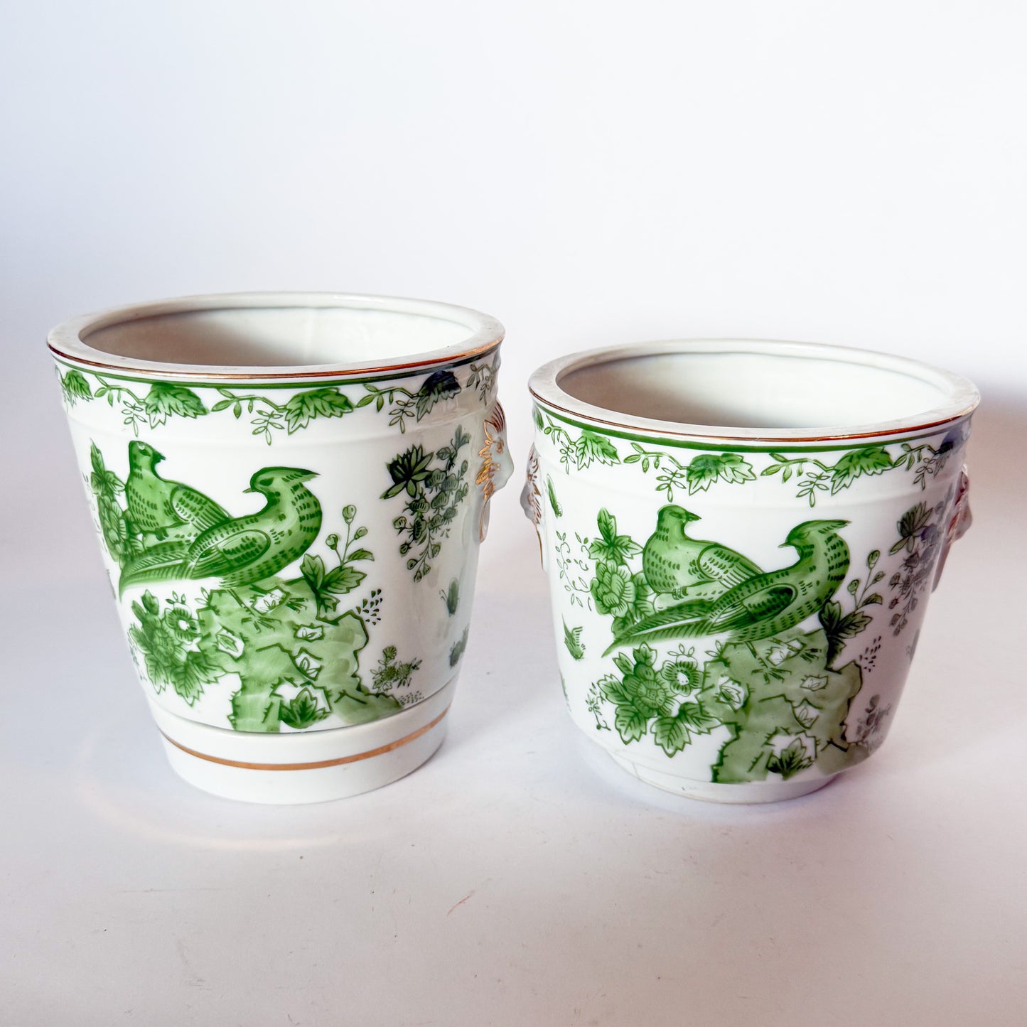 Mid Century Pair of Porcelain Green Bird Cache Pot Planters With Lions Heads