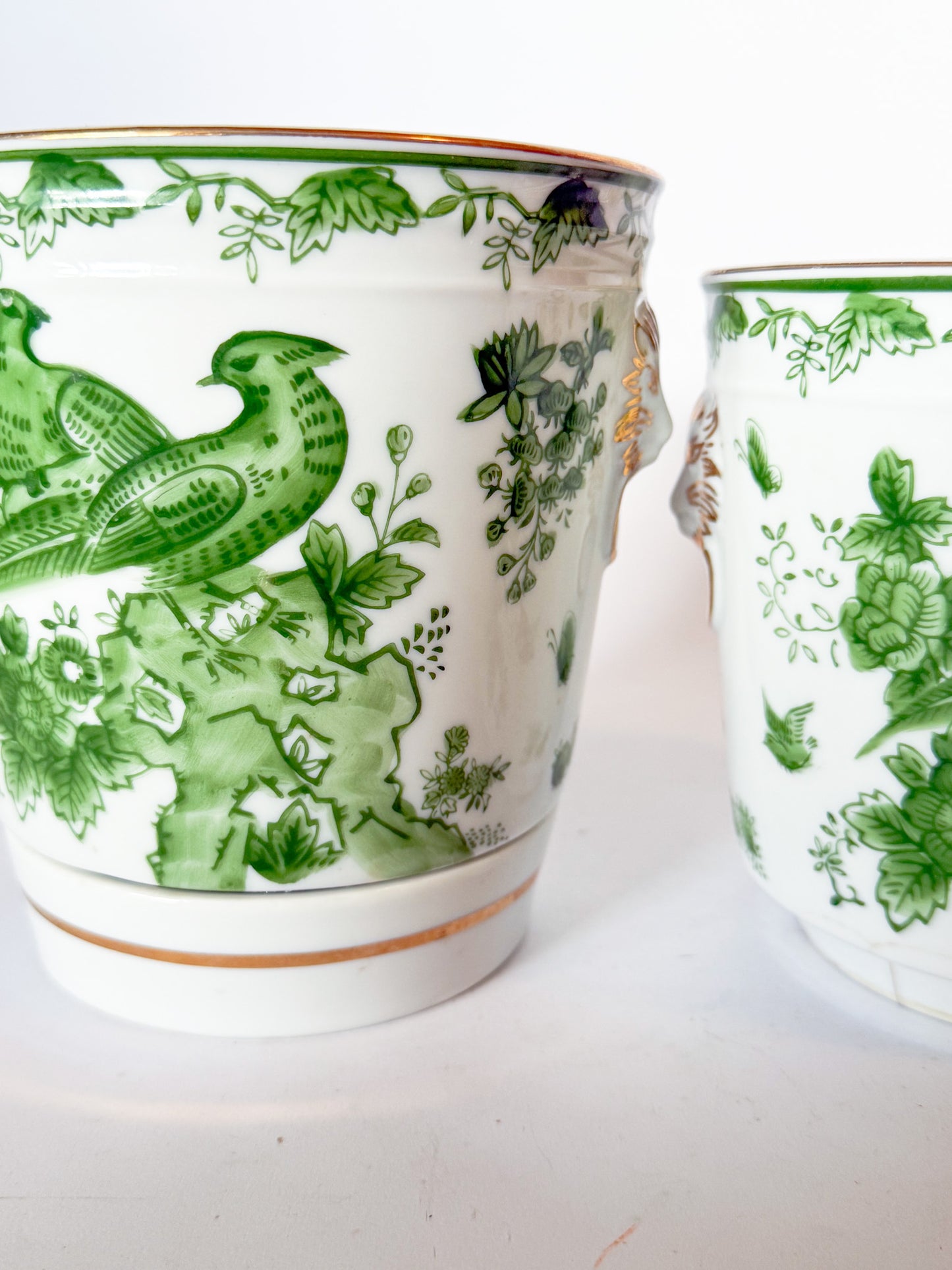 Mid Century Pair of Porcelain Green Bird Cache Pot Planters With Lions Heads