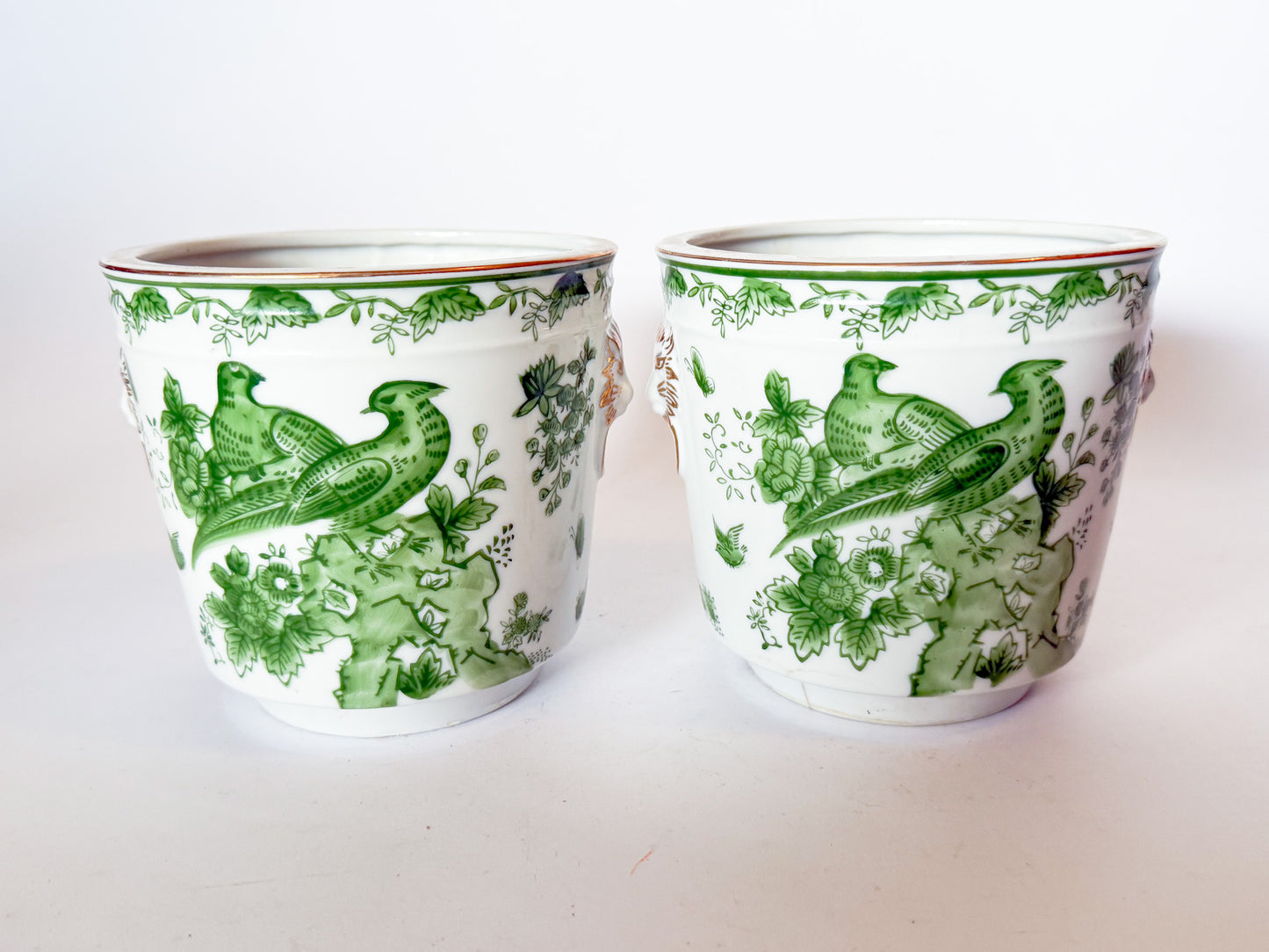 Mid Century Pair of Porcelain Green Bird Cache Pot Planters With Lions Heads