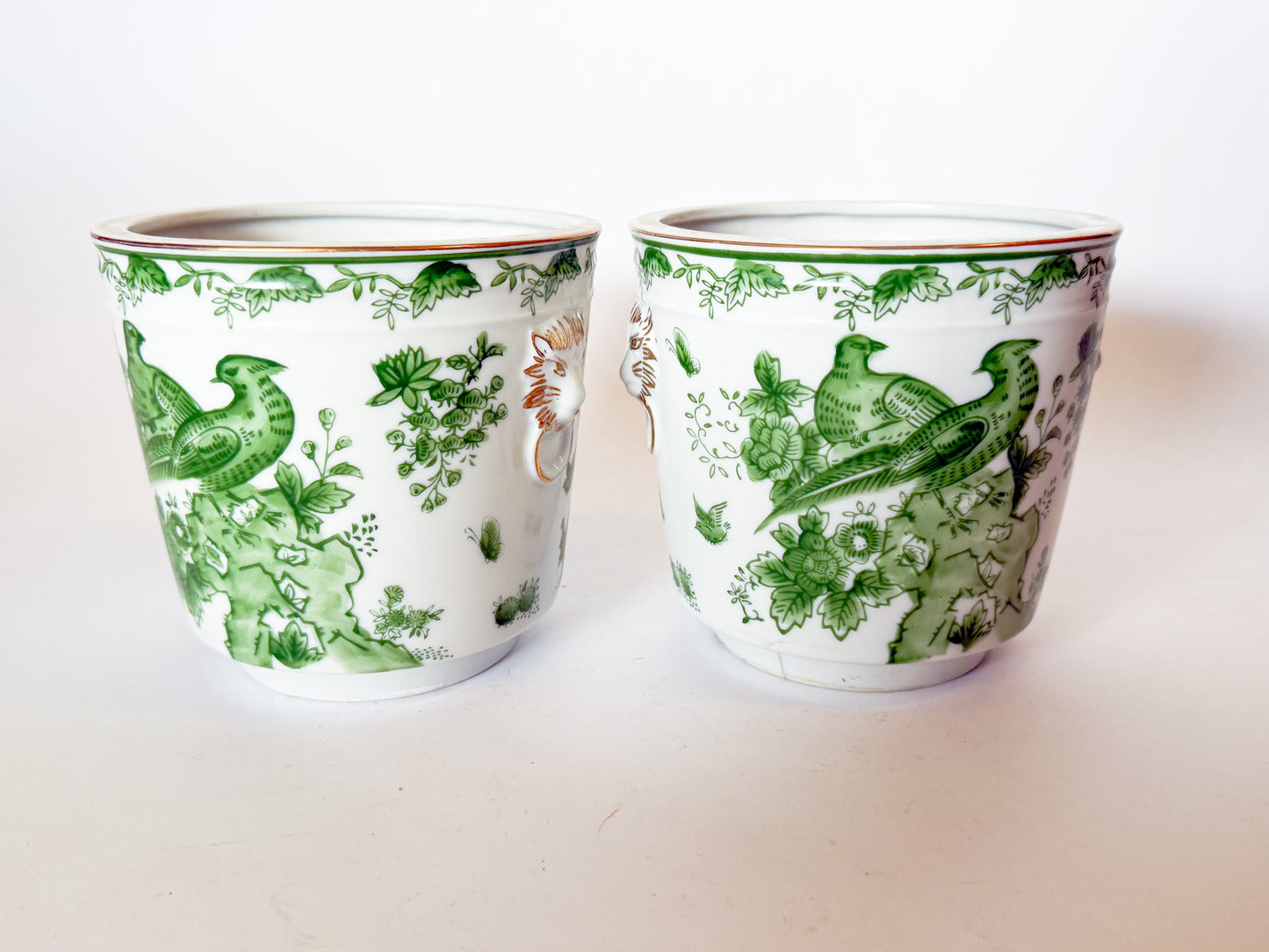 Mid Century Pair of Porcelain Green Bird Cache Pot Planters With Lions Heads