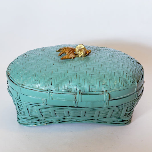 Vintage Lacquered Teal Woven Box With Brass Koi Fish Finial Knob