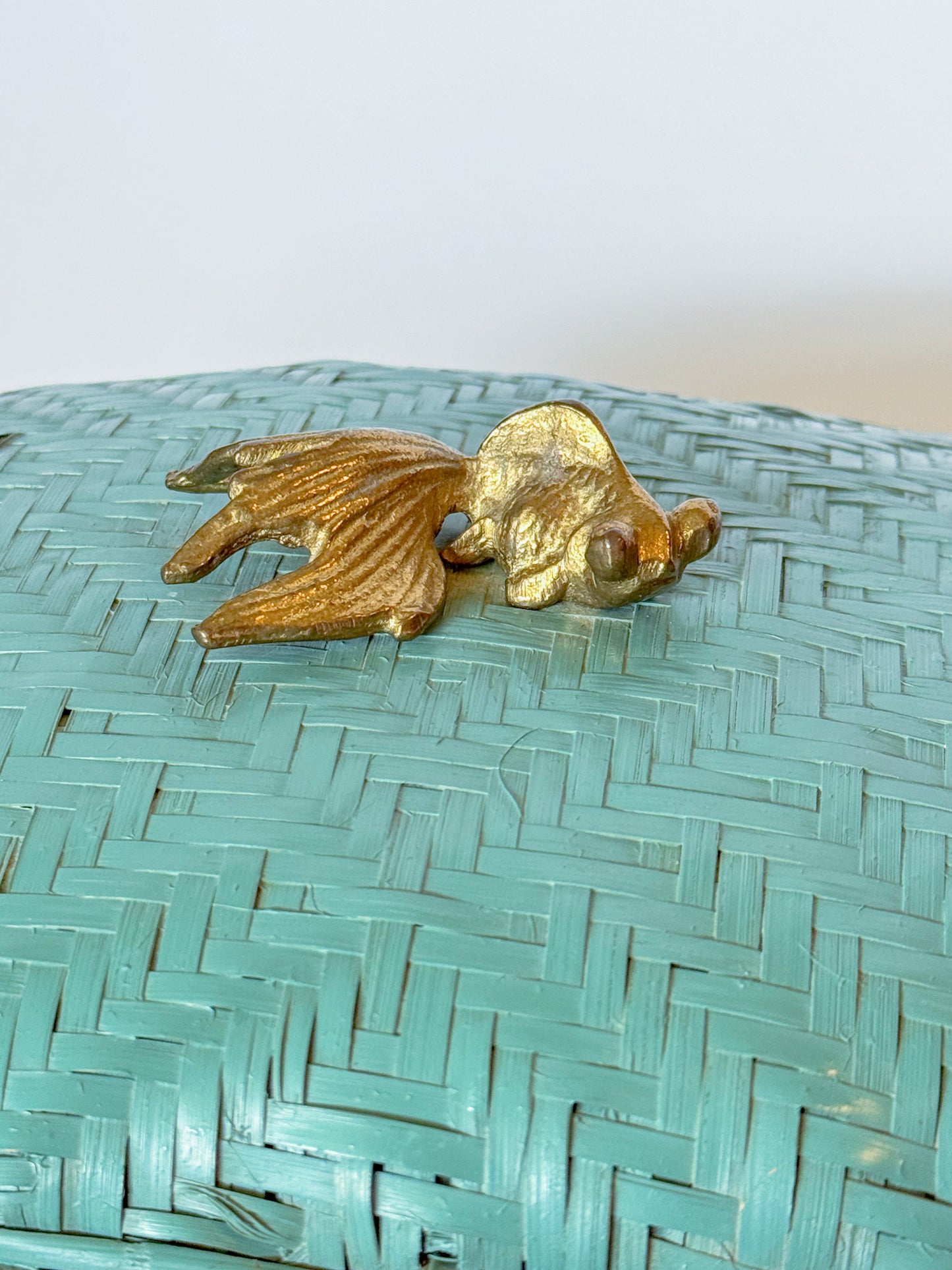 Vintage Lacquered Teal Woven Box With Brass Koi Fish Finial Knob