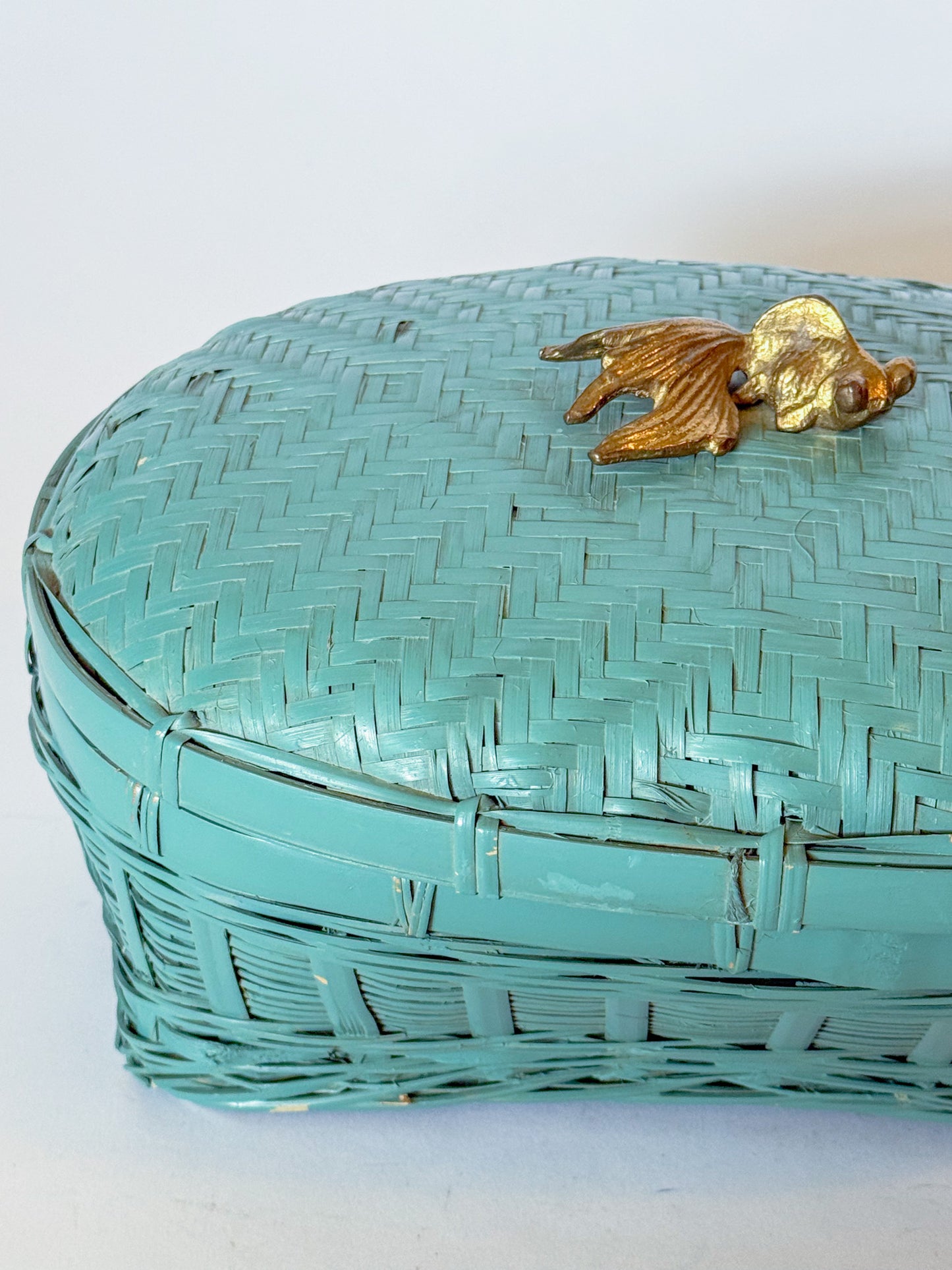 Vintage Lacquered Teal Woven Box With Brass Koi Fish Finial Knob