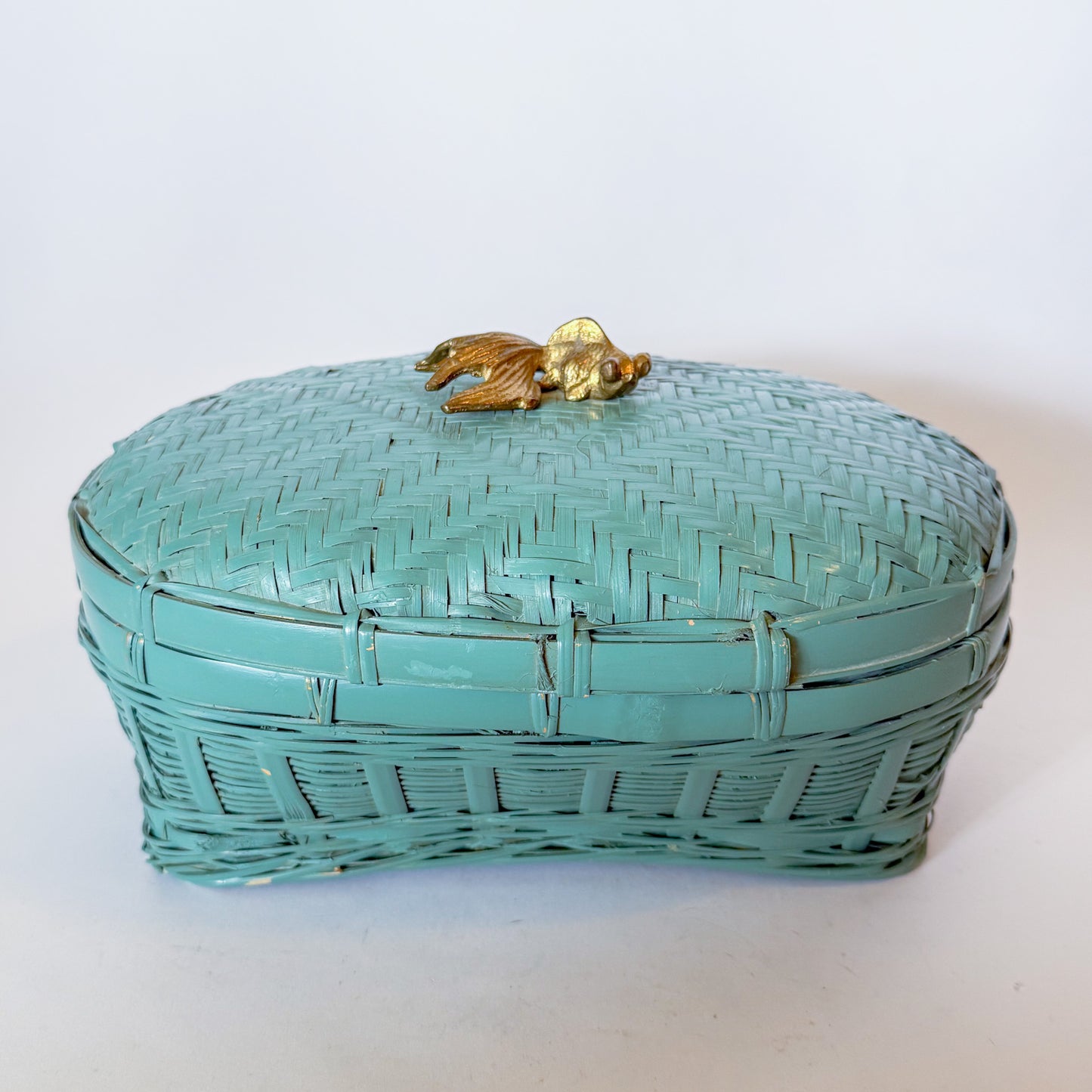 Vintage Lacquered Teal Woven Box With Brass Koi Fish Finial Knob