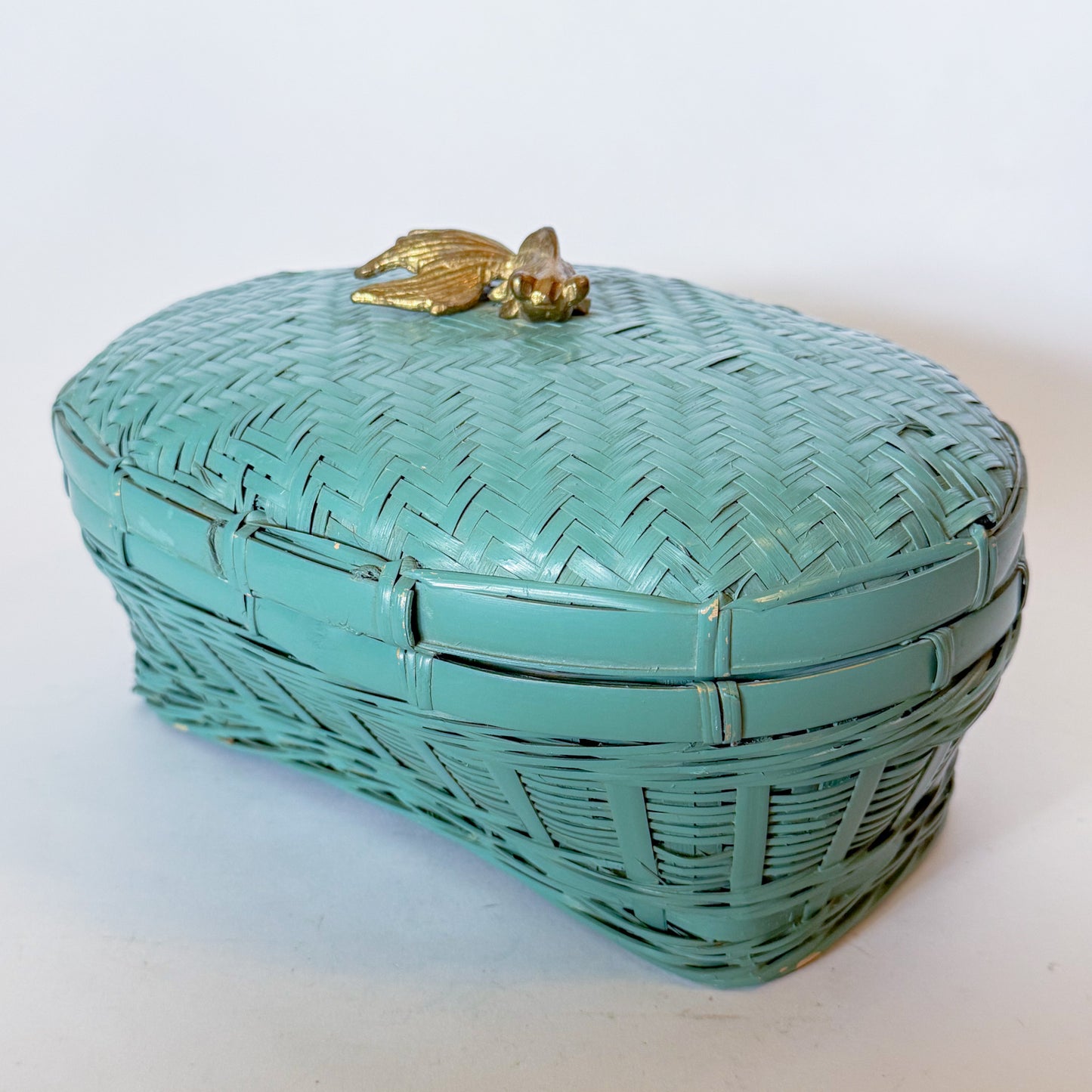 Vintage Lacquered Teal Woven Box With Brass Koi Fish Finial Knob