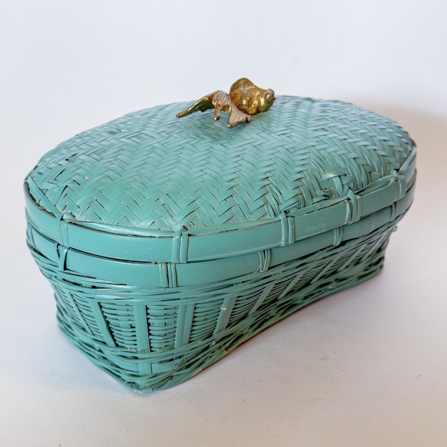 Vintage Lacquered Teal Woven Box With Brass Koi Fish Finial Knob