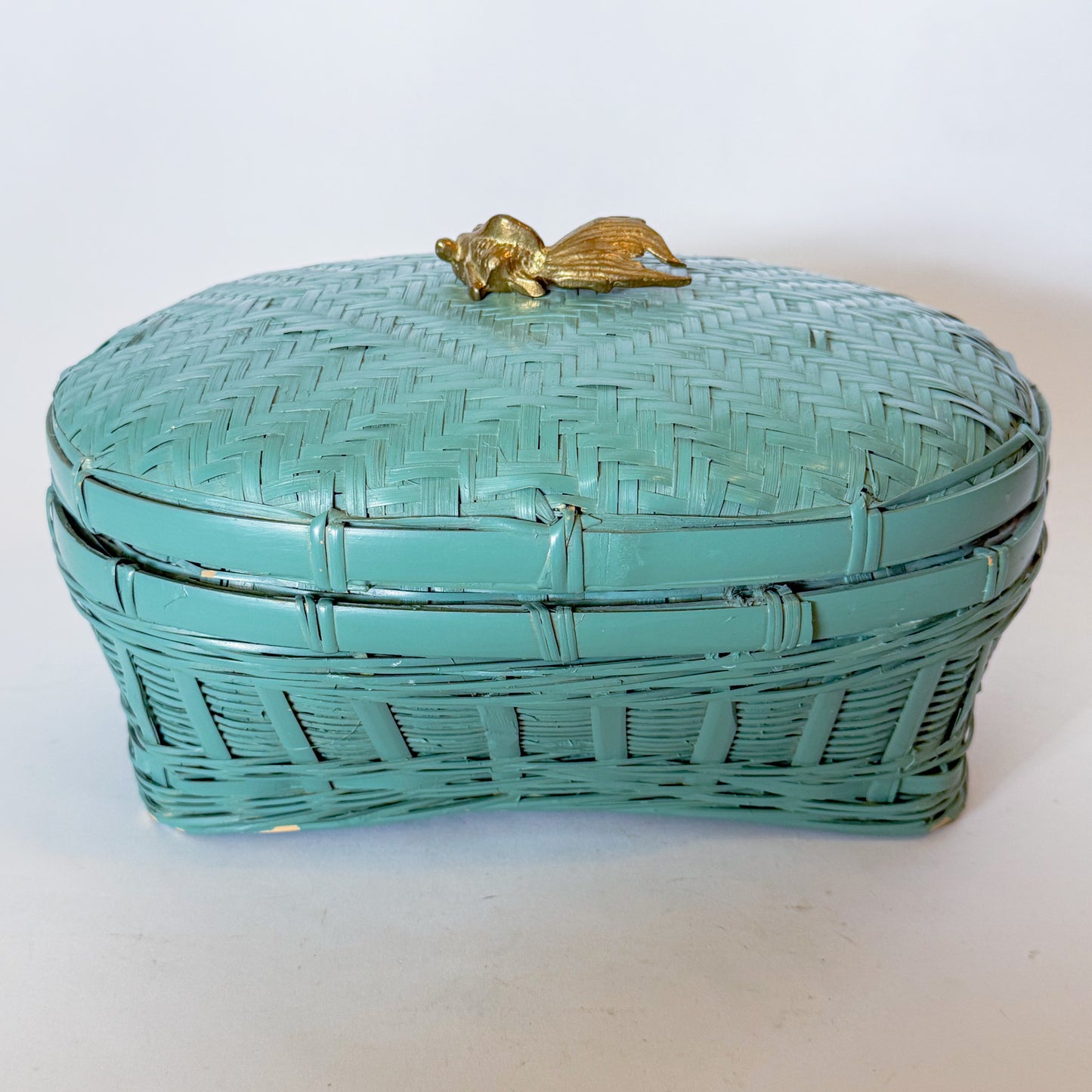 Vintage Lacquered Teal Woven Box With Brass Koi Fish Finial Knob