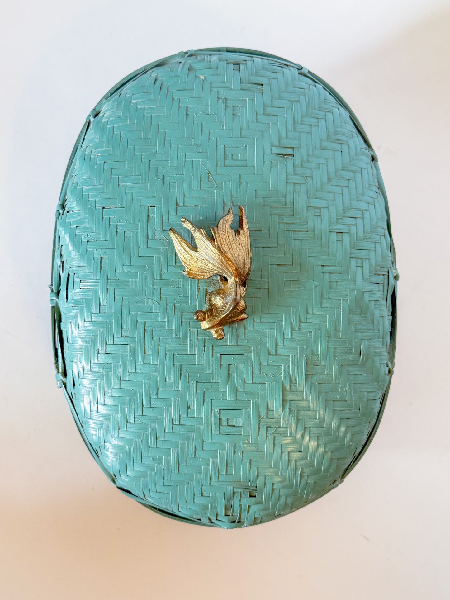 Vintage Lacquered Teal Woven Box With Brass Koi Fish Finial Knob