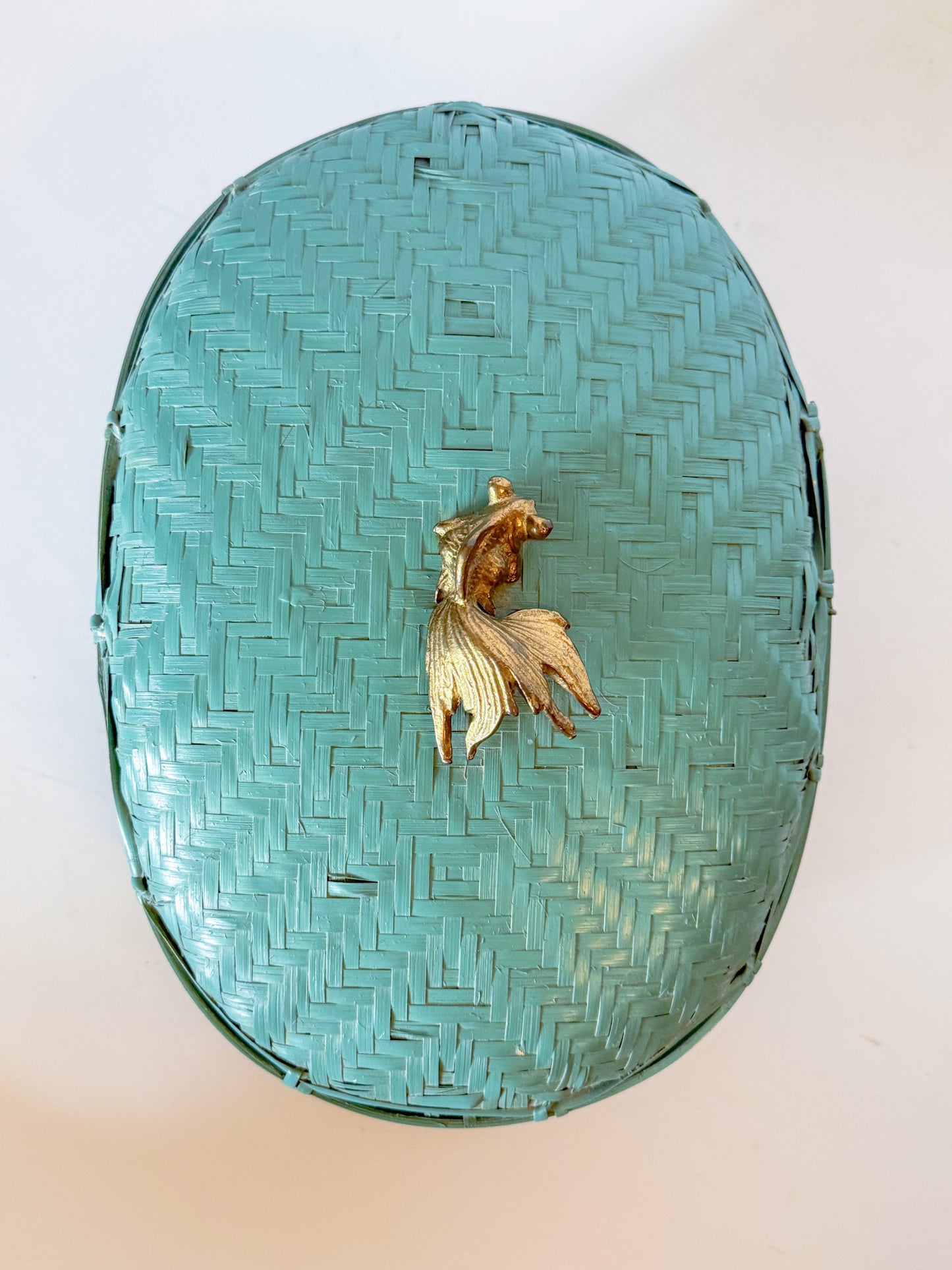 Vintage Lacquered Teal Woven Box With Brass Koi Fish Finial Knob