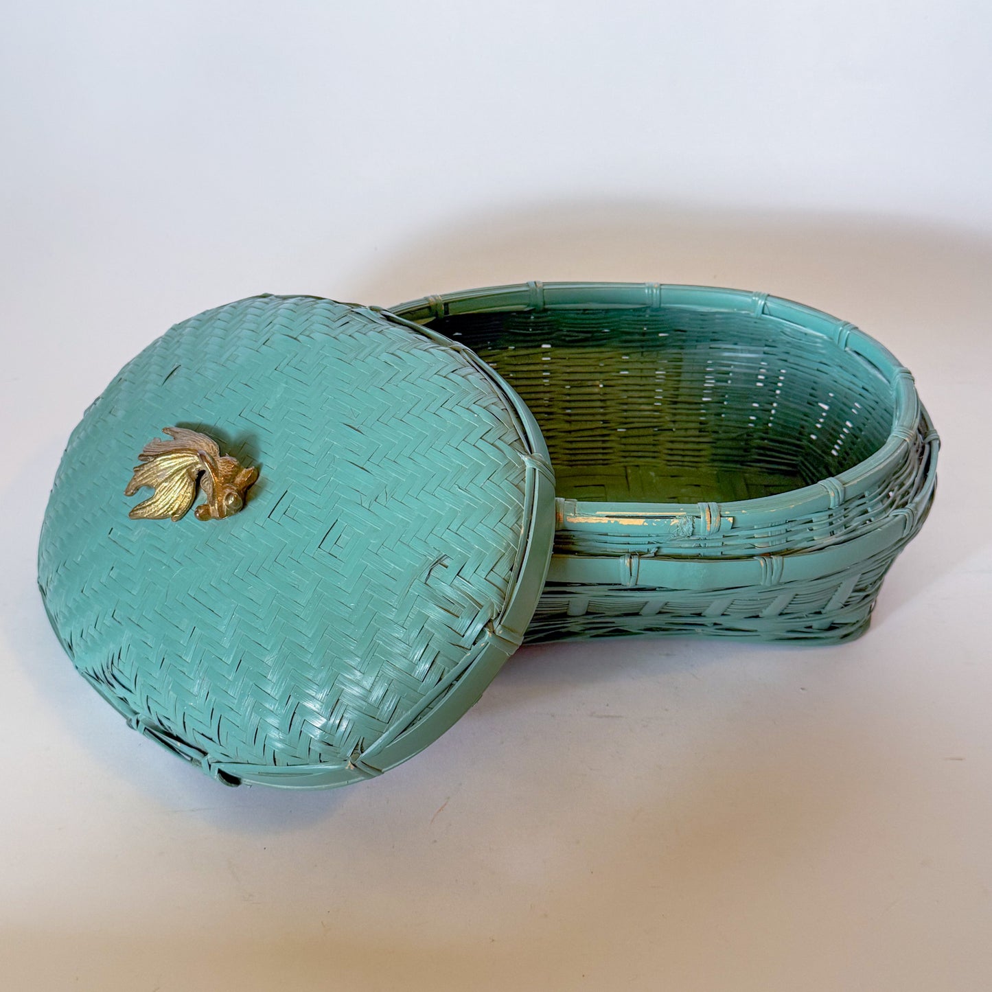 Vintage Lacquered Teal Woven Box With Brass Koi Fish Finial Knob